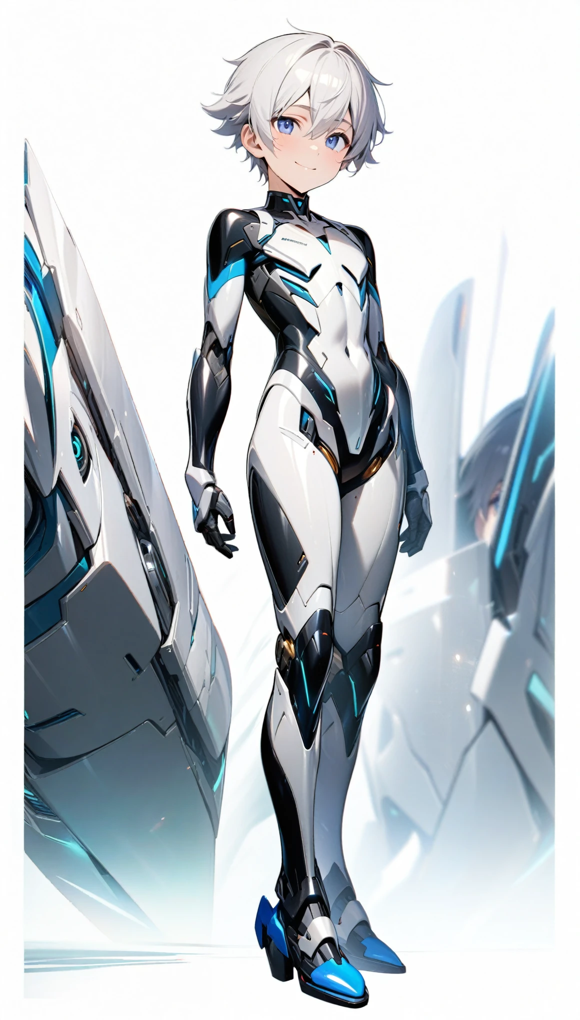 (((masterpiece:1.5))), full body image, anime robot boy, 1boy, ((shota)), shiny, ((white)), (((smooth))), (((sleek))) robot body with accents, heeled feet, silver hair, gentle face, blue eyes, calm, smiling expression, plain white background