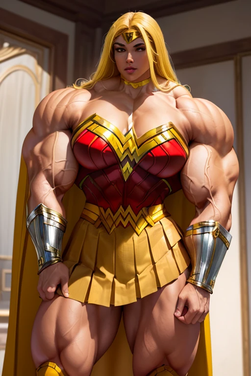 ((((Massive, tall, beautiful, buff, brown skinned muscular woman with yellow hair, ginormous bulky muscles and wearing an all yellow Wonder Woman suit with pleated skirt and a cape)))), close view, ((massive muscle)), massive biceps, hyper muscle shoulders, massive muscle arms, vascular shoulders, hyper muscle triceps, (flowing long hair), gray eyes, superhero gauntlets, choker, ((in the mount Olympus)), superhero boots, confidant smile, night, hyper vascular arms, hyper muscles arms, hyper muscle legs, (ginormous arms),