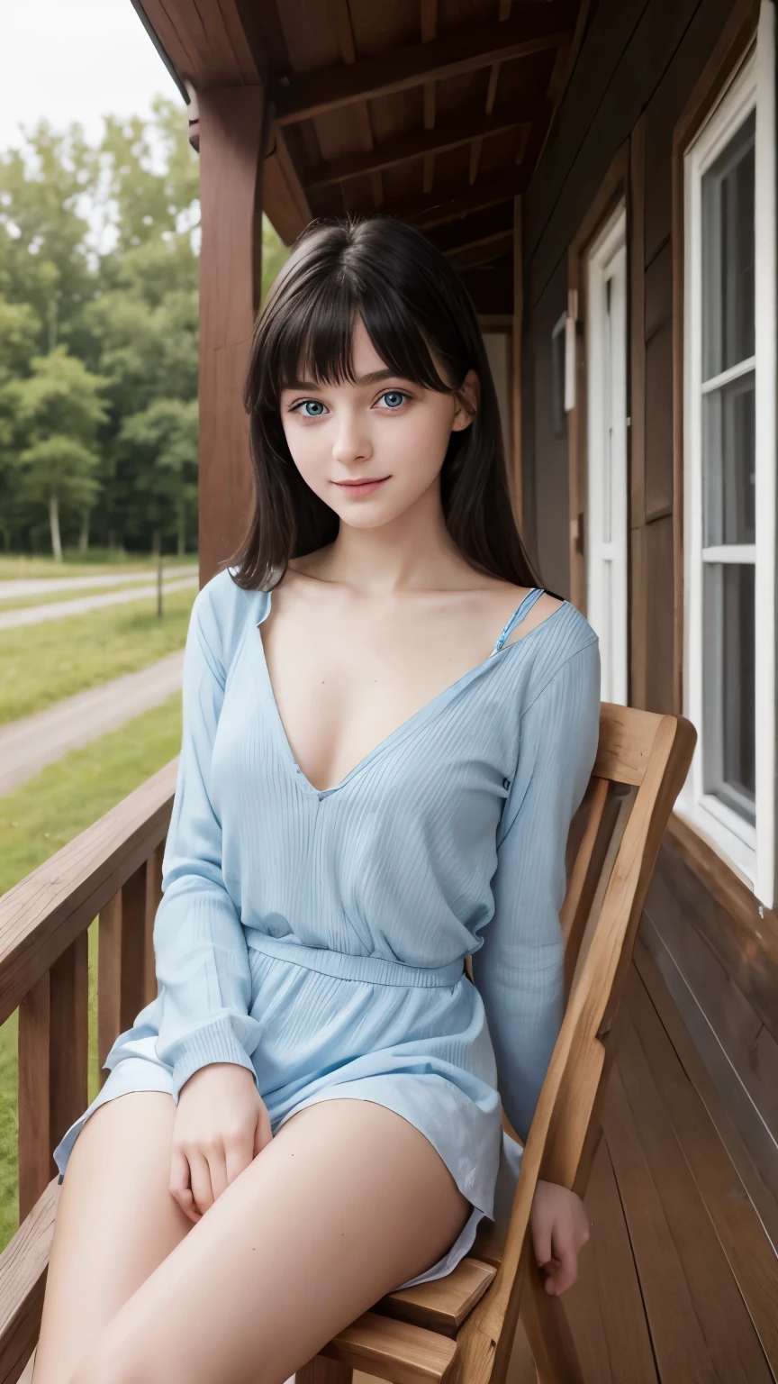 A young girl from Northern Europe, 18 years old, light blue eyes, happy, cute face, pale skin, black hair, eyeliner, thin nose, wearing a neckline, wooden house porch, sitting on a wood chair