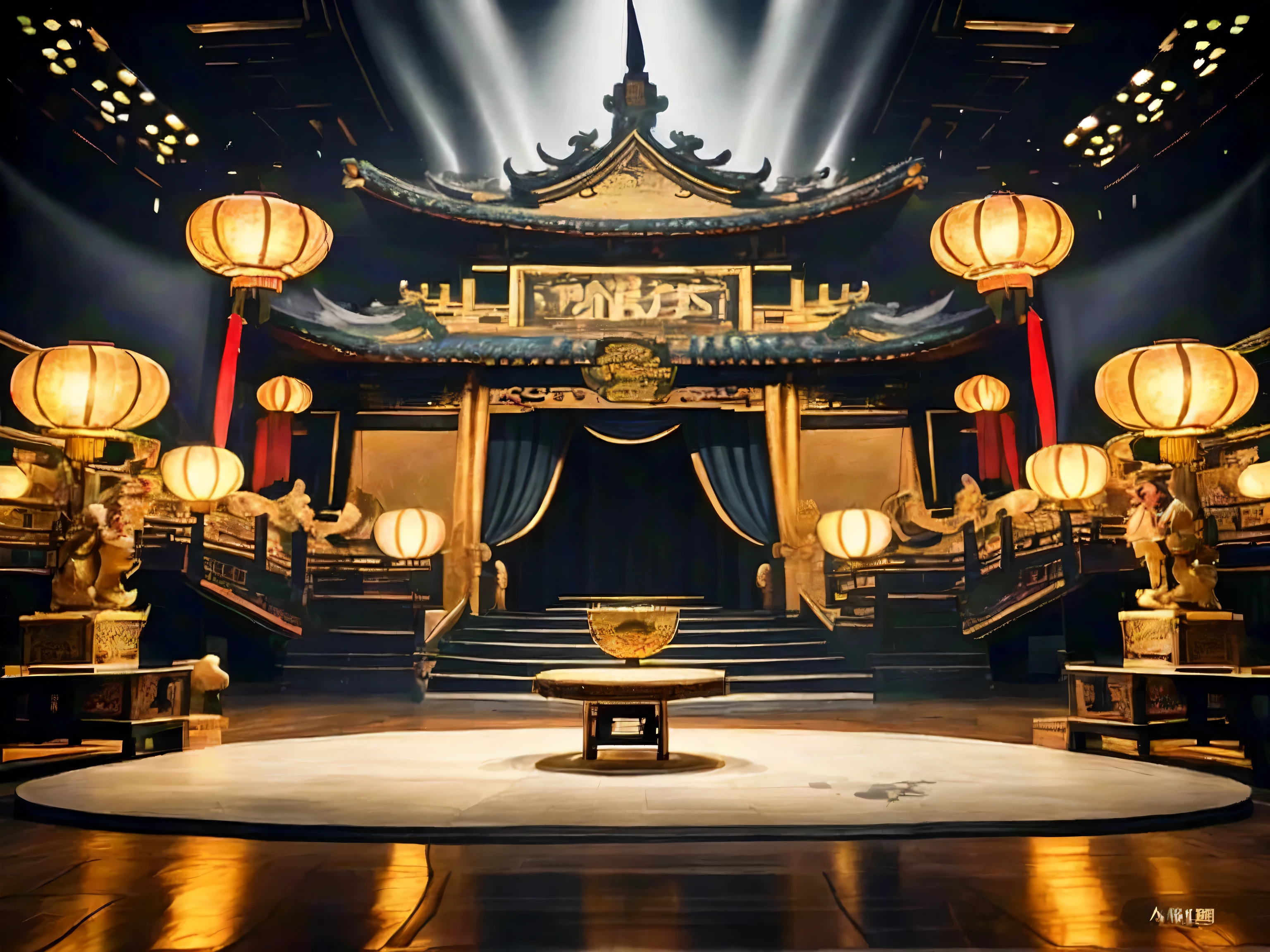 Arav stage and stage with stage scenery and lanterns, Beautiful rendering of the Tang Dynasty, drama scene, TV still, Fantastic atmosphere and drama, chinese palace, Beautifully designed throne room, Inspired by Gong Kai, Detailed set design, Mysterious temple setting, 《The Legend of Korra》set up, Chinese temple, Cyberpunk Chinese Ancient Castle