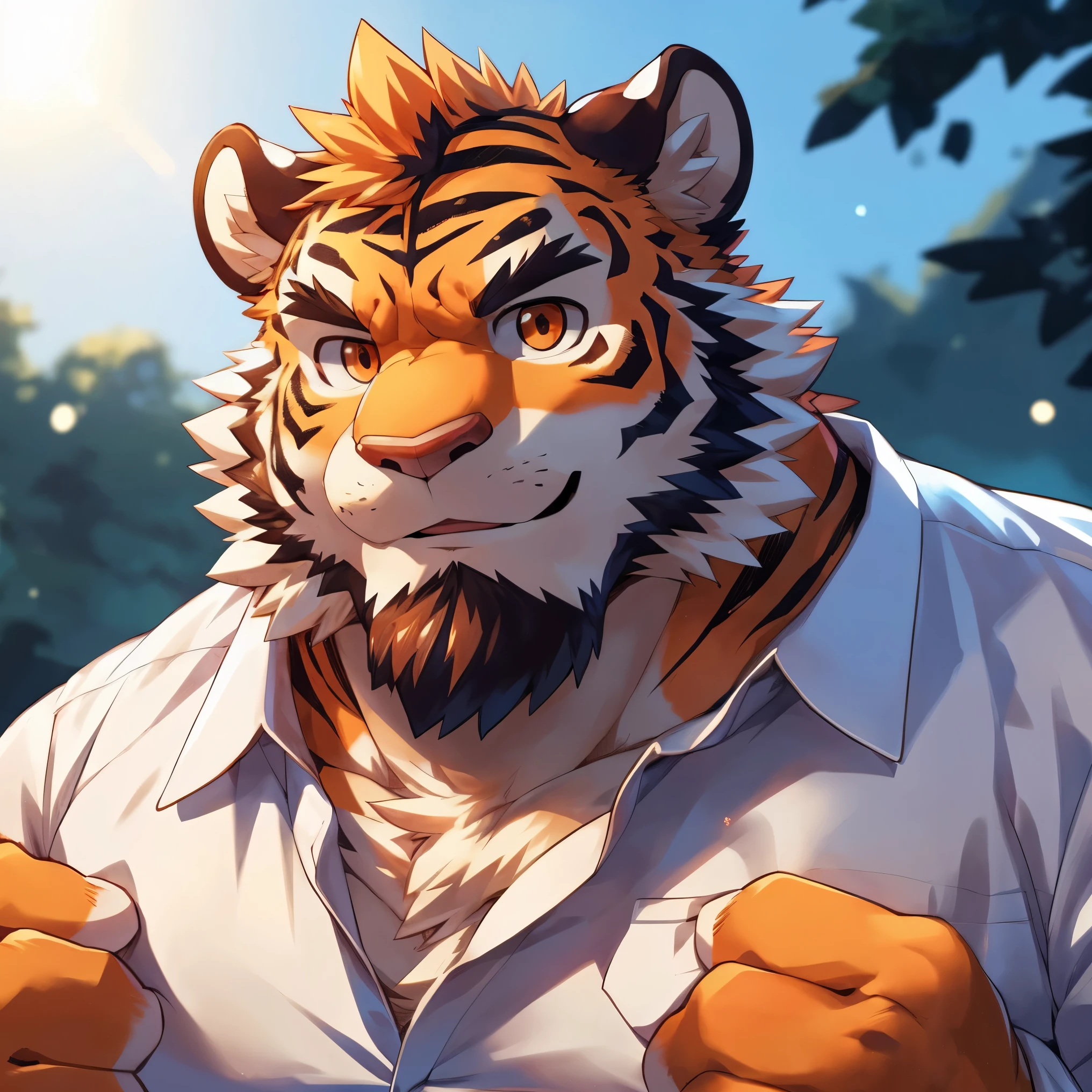 human nature, cannon, male, Solitary, ((Round Face, The face is plump, Thick beard)), ((Endomorph, Handsome)), (nude), ((domestic tiger, tiger) Fluffy fur, Fluffy), (In the milk tea shop), Bokeh, (high quality, high resolution, masterpiece), (Dynamic Lighting, Vibrant colors), (Generous smile), (Face focus), Front view (close up), cartoon, author:Takemoto Arashi, by zixiong, By Chunni, author:Empty Ghost