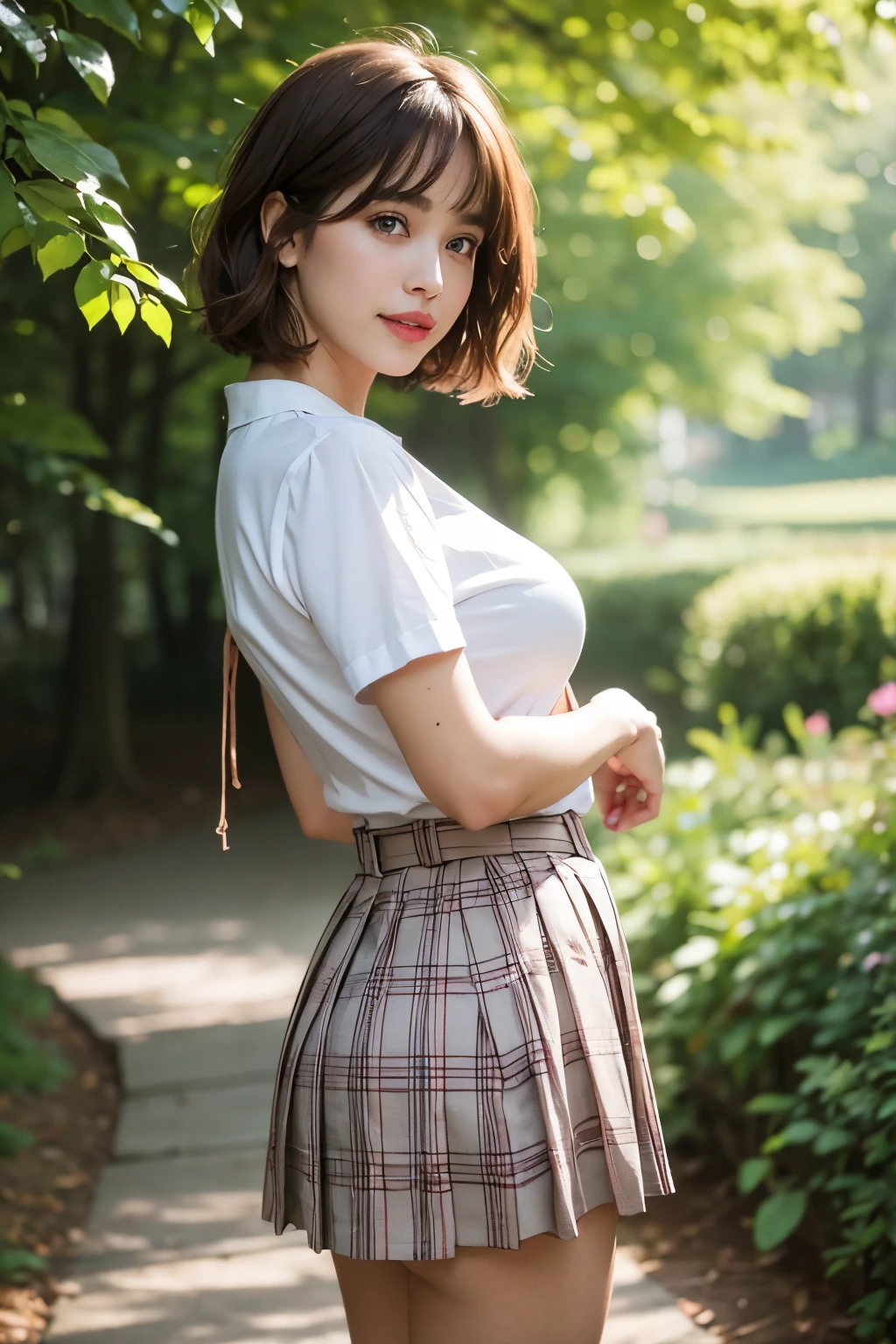 nsfw, 8K raw photo, Best quality, masterpiece, ultra high res, film grain, filmg, 1girl, looking at viewer, natural skin texture, realistic eye and face details, full lips, lipstick, (makeup), red eyeshadow, fluffy short hair, messy hair, smile, close mouth, beautiful legs, tall female, skinny, slim_legs, solo, enormous breast, cleavage, Pose with buttocks facing you, ultra short skirt, ass, shirt, beautiful nature location, around flower location, (detailed background), plaid skirt, white shirt, enormous breast, cleavage, Show a little cleavage through the shirt, loafers, blurry background, blurry, holding, plaid, short sleeves, jk ribbon on the neck, jk ribbon, brown hair, bracelet, water, bangs, , jewelry, parted lips, lips, from side, pleated skirt, depth of field