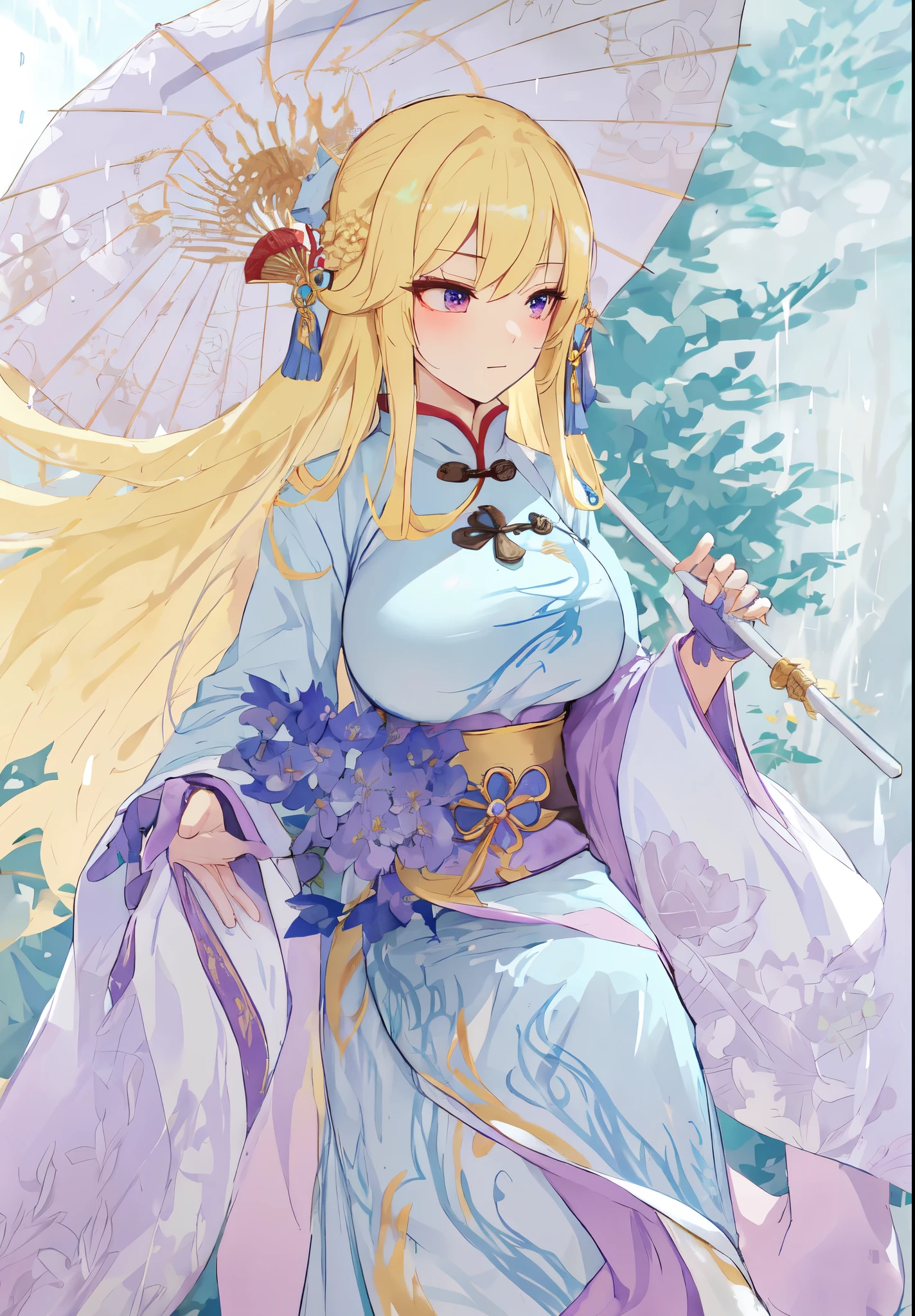 long blond hair,wearing blue dress,holding an umbrella, ((Wearing noble robes)), from desire, Flowing Chinese Robe, ((beautiful fantasy queen)), wearing nice clothes, eager character, Blonde long hair anime girl,Rina Nagikiri,Three Kingdoms style,Dynasty Warriors,antiquity,Chinese style,Chinese ancient costume,Long golden hair,holding an umbrella,purple eyes,golden eyelashes,huge breasts,Character portrait