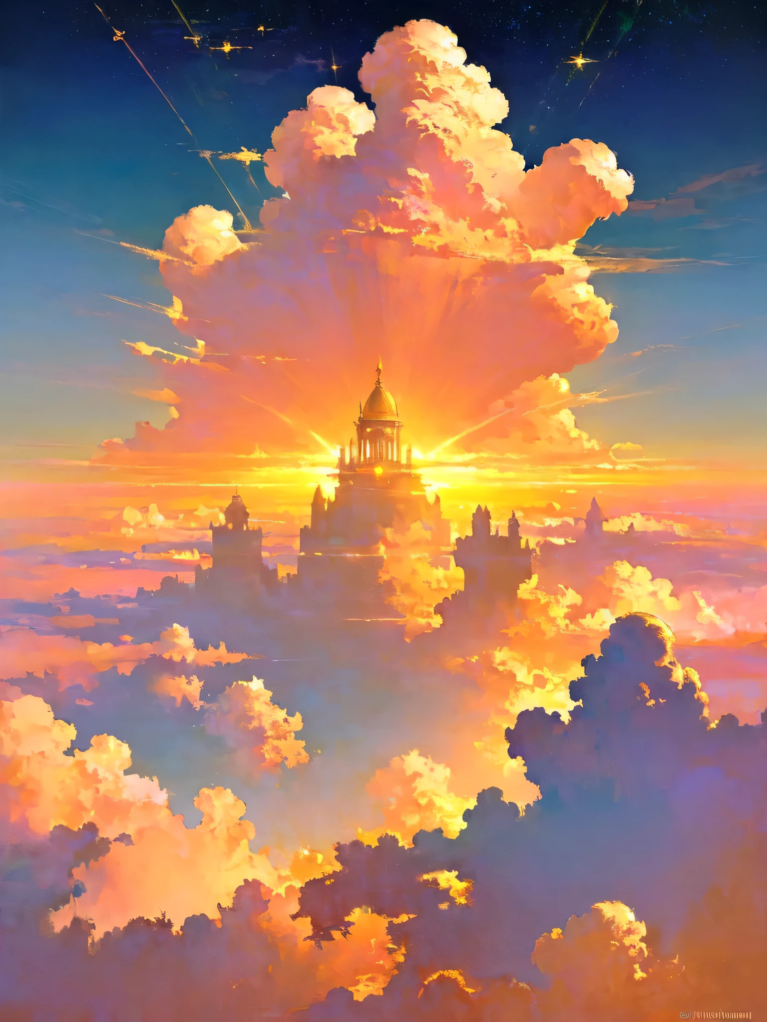 palace in the clouds, heavenly sunset, vivid colors, majestic architecture, magnificent and shining, dreamy atmosphere, otherworldly beauty, panoramic view, calm and serene, Celestial Light, picturesque surroundings, rising tower, Beautiful and fantastic, fascinating colors, Impressive detail, sublime work of art, Detailed clouds, immersive experience, Celestial Light, Wide panoramic composition, complex design, a breathtaking sight, Flawless craftsmanship, fascinating atmosphere, skillful use of light, Delicate and vibrant colors, ethereal and magical clouds, amazing perspective, Harmonious color palette, fascinating view, heavenly palace, Heavenly atmosphere and heavenly atmosphere, heavenly tranquility, Surreal and dreamlike, shining and vivid sunset, majestic and awe-inspiring, Serene and peaceful, gold and pink clouds, floating paradise, divine and otherworldly beauty, Ethereal and delicate architecture, Amazing, shiny colors, kingdom in the sky.