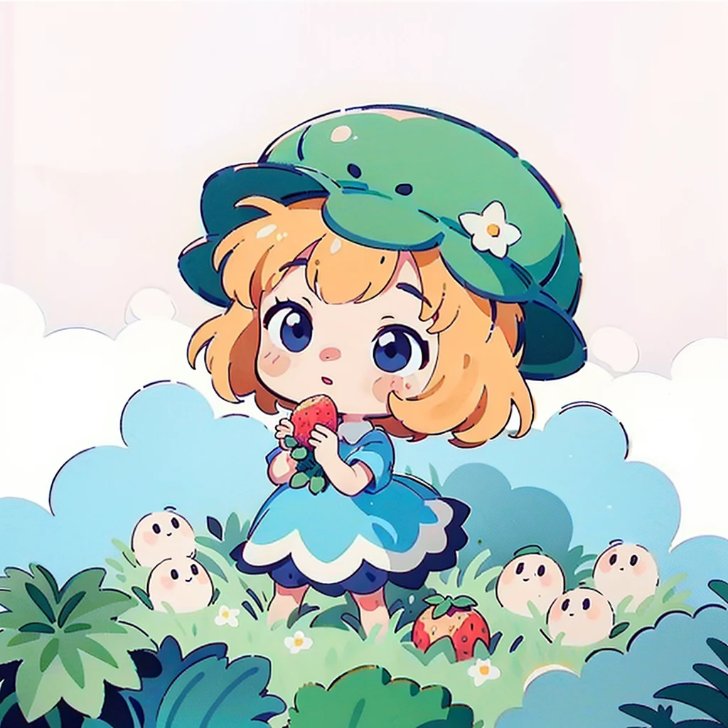 Chica anime con sombrero de paja y vestido de campesina decorado con fresas., campesina, alegre, Manga 1990, Manga 1 9 9 0, huge pelo rosa rizado, flor alegre, cesto de fresas frescas, elf girl, usando un sombrero de paja con fresas, chibi kawaii, pelo rosa rizado, chibi, lindo arte, lindo personaje, vistiendo ropa de campo, escaneo de manga coloreado, on amino, puf, proteger, arte oficial, Dibujo lindo, puro, theCHAMBA, tipo