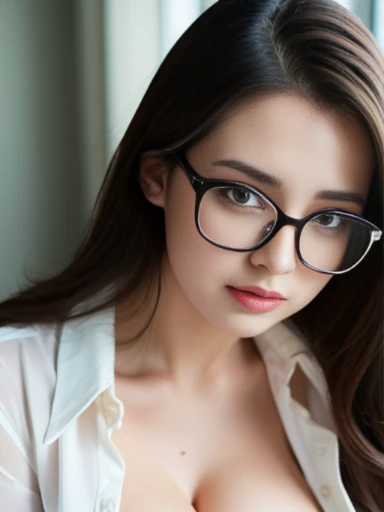 16k, HDR, Natural light, disorganized, Best Quality Masterpiece, Perfect anatomy very detailed face, fine eyes, 1 girl, nsfw, wearing a business suit, Open blouse, (medium round breasts), (open breasts), cleavage, bulge tits, medium Brunette hair, idols, shining eyes, glasses, half body shots , nsfw