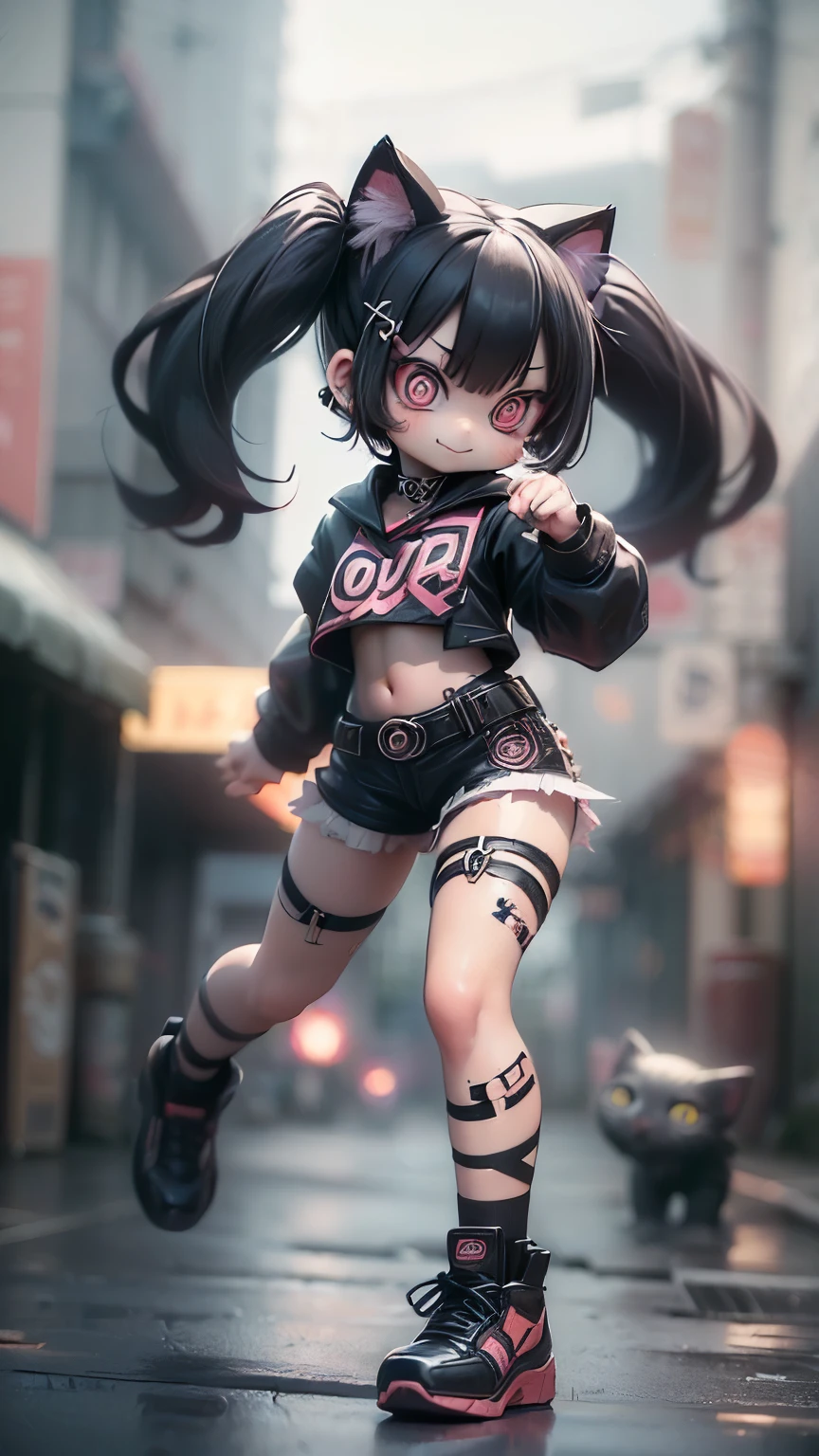 2D,#quality(8k,wallpaper of extremely detailed CG unit, ​masterpiece,hight resolution,top-quality,top-quality real texture skin,hyper realisitic,increase the resolution,RAW photos,best qualtiy,highly detailed,the wallpaper), BREAK,solo,#1girl(cute,kawaii,evil smile,hair floating,hair messy,black hair,long hair,twin tails hair,pale skin,skin color blue,eyes are red,red eyes shining,big eyes,ripped clothe:1.8,tight tube top,breast,tight hot pants,dynamic pose:2.0,stomach shown :0.8,punk fashion,black cat ear:1.4,dynamic pose:1.4),#background(outside,noisy city,backstreet,narrow street,dark:2.0,neon lights),[chibi:2.0],