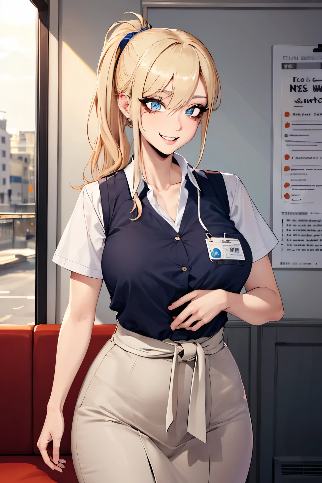 Detailed eyes, detailed mouth, detailed pupils, long eyelashes, foundation, blushing, beautiful face, bus guide uniform, mature woman, plump, waist, feminine movements, blonde double ponytail, smile, name tag, masterpiece, drama Description, highly rated work, high image quality, high definition, guide