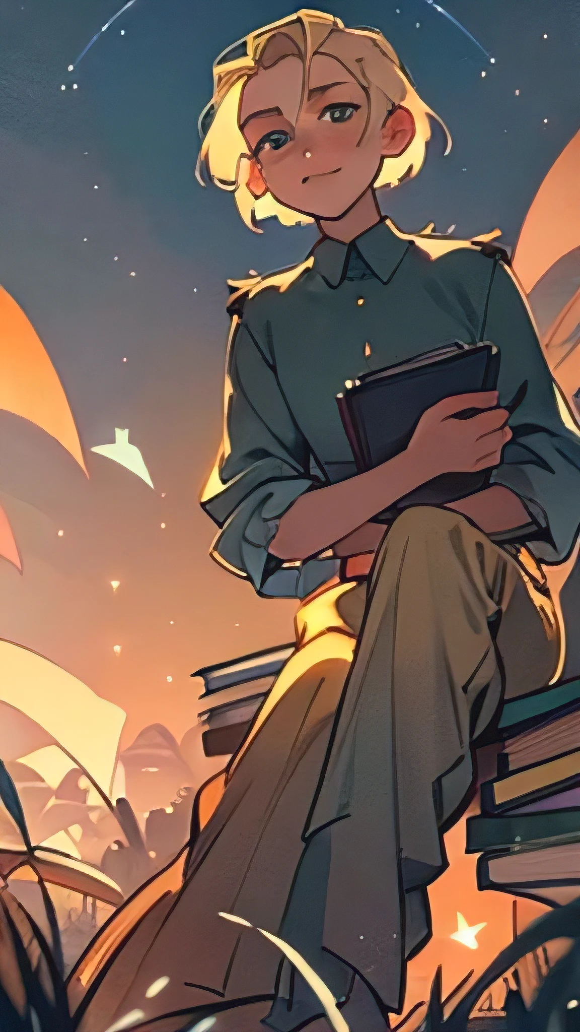 guy, short blond hair slicked back, in a loose shirt and trousers sits cross-legged in the grass, with a open book, stack off books at side, head raised up;, A slight smile, Fireflies, Shining stars, night sky, detailing, 4k, hd, view from the grass, view from bottom