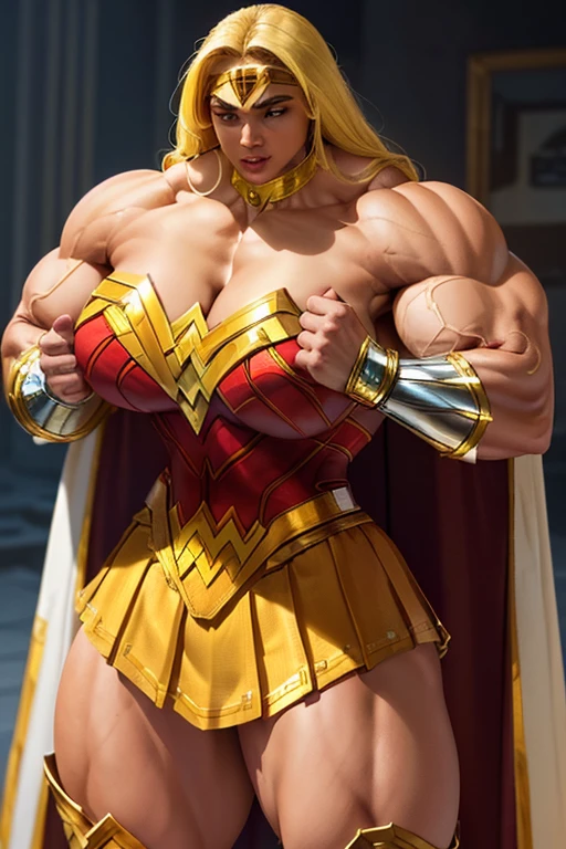 ((((Massive, tall, beautiful, buff, brown skinned muscular woman with yellow hair, ginormous bulky muscles and wearing an all yellow Wonder Woman suit with pleated skirt and a cape)))), close view, ((massive muscle)), massive biceps, hyper muscle shoulders, massive muscle arms, vascular shoulders, hyper muscle triceps, (flowing long hair), gray eyes, superhero gauntlets, choker, ((in the mount Olympus)), superhero boots, confidant smile, night, hyper vascular arms, hyper muscles arms, hyper muscle legs, (ginormous arms),