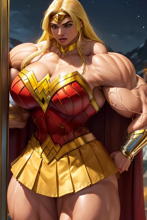 ((((Massive, tall, beautiful, buff, brown skinned muscular woman with yellow hair, ginormous bulky muscles and wearing an all yellow Wonder Woman suit with pleated skirt and a cape)))), close view, ((massive muscle)), massive biceps, hyper muscle shoulders, massive muscle arms, vascular shoulders, hyper muscle triceps, (flowing long hair), gray eyes, superhero gauntlets, choker, ((in the mount Olympus)), superhero boots, confidant smile, night, hyper vascular arms, hyper muscles arms, hyper muscle legs, (ginormous arms),