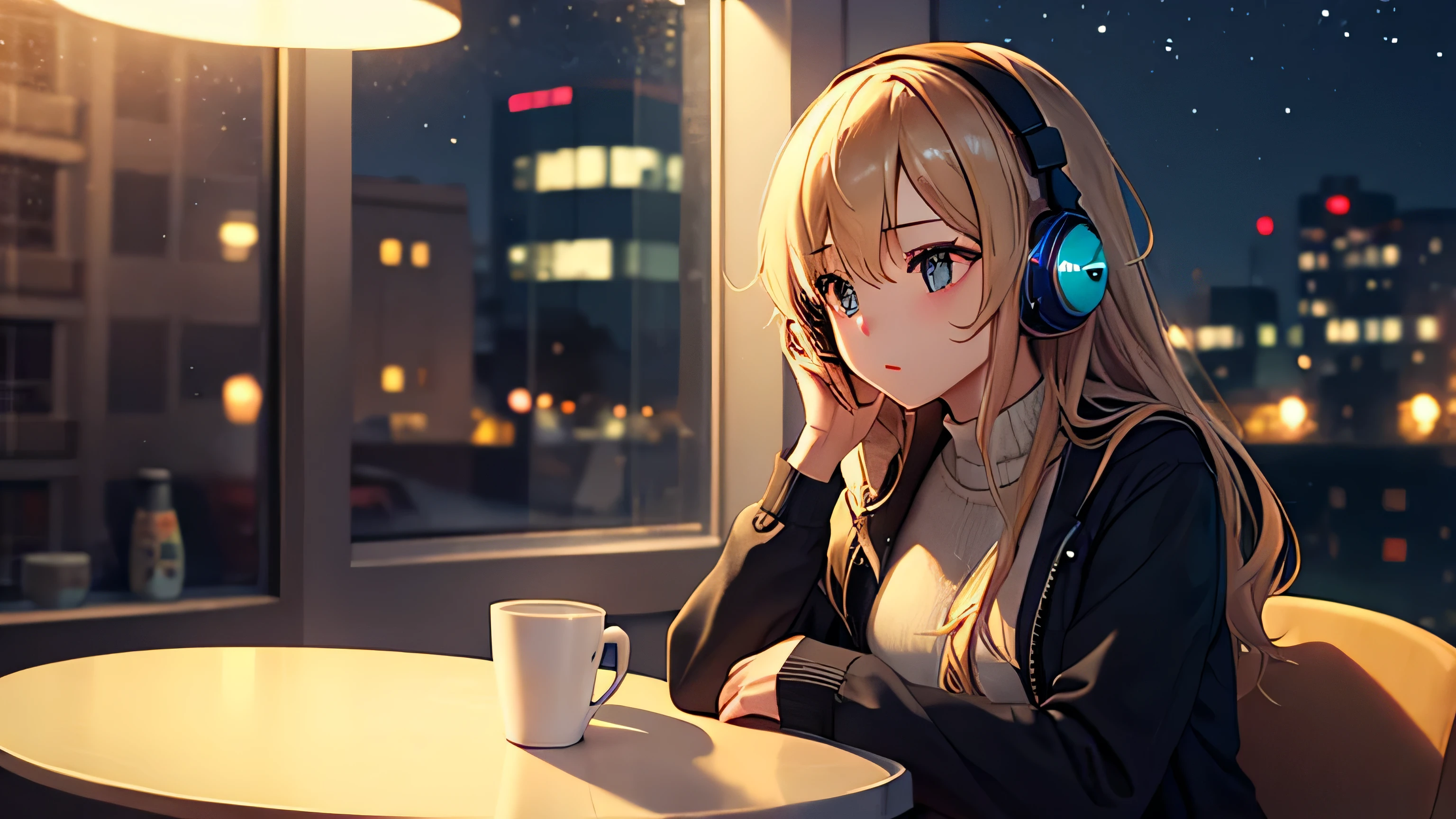 Beautiful girl wearing headphones relaxing in a cafe at night　Hot coffee on the table　Night view outside the window