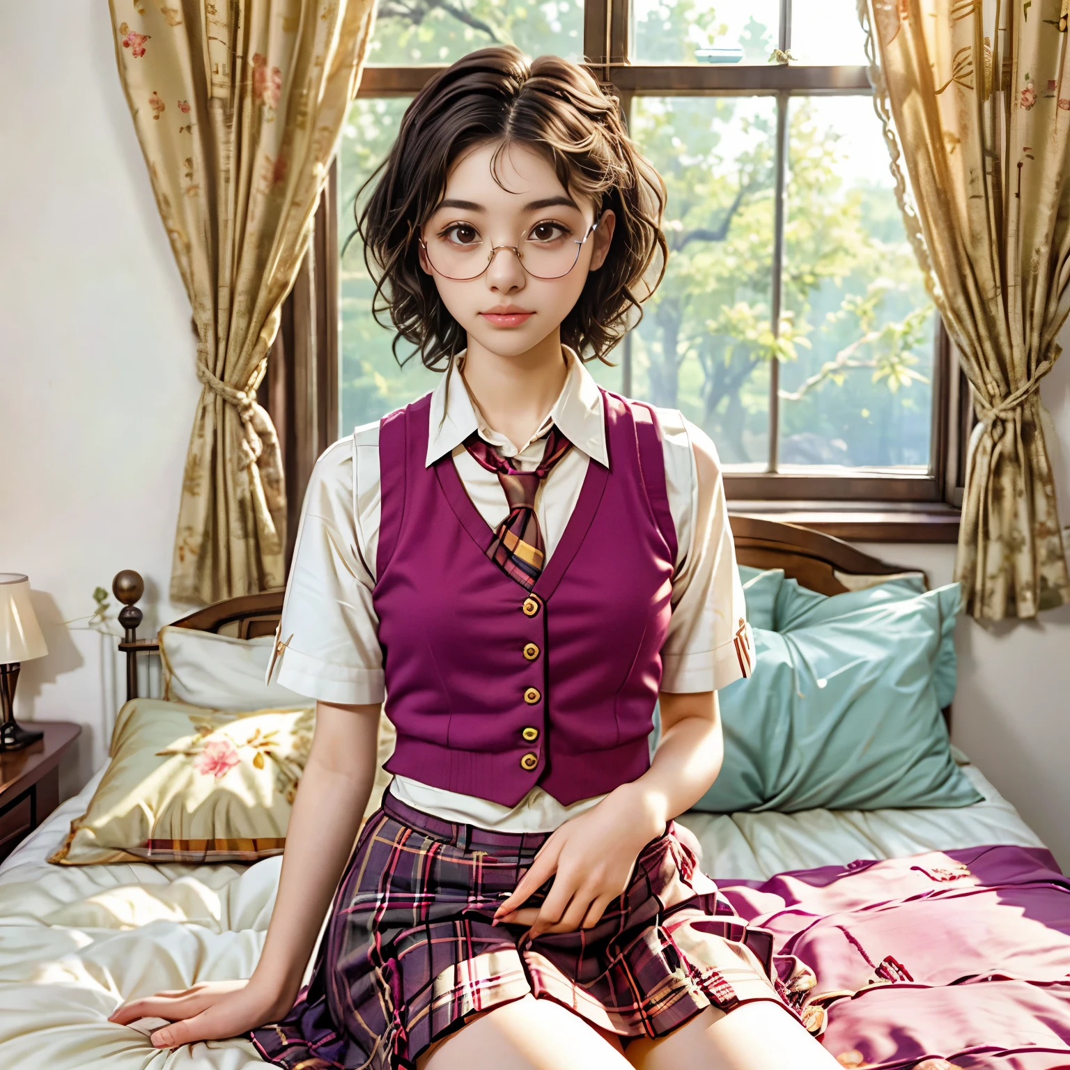 arafed woman sitting on a bed wearing a red vest and tie, with square glasses, seifuku, inspired by Hermione Hammond, she wears harry potter glasses, vintage aesthetic, kiko mizuhara, inspired by Max Gubler, preppy style, inspired in balthus, magical school student uniform, harry potter style, finn wolfhard, 🌺 cgsociety
