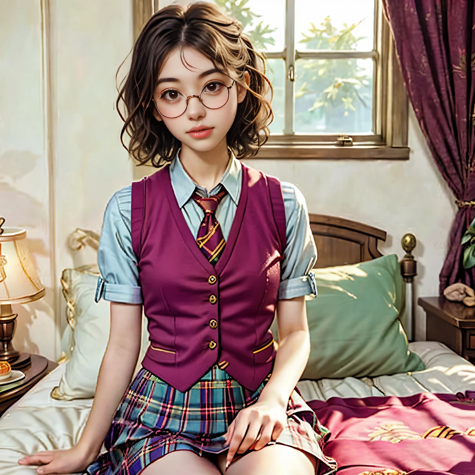 arafed woman sitting on a bed wearing a red vest and tie, with square glasses, seifuku, inspired by Hermione Hammond, she wears harry potter glasses, vintage aesthetic, kiko mizuhara, inspired by Max Gubler, preppy style, inspired in balthus, magical school student uniform, harry potter style, finn wolfhard, 🌺 cgsociety