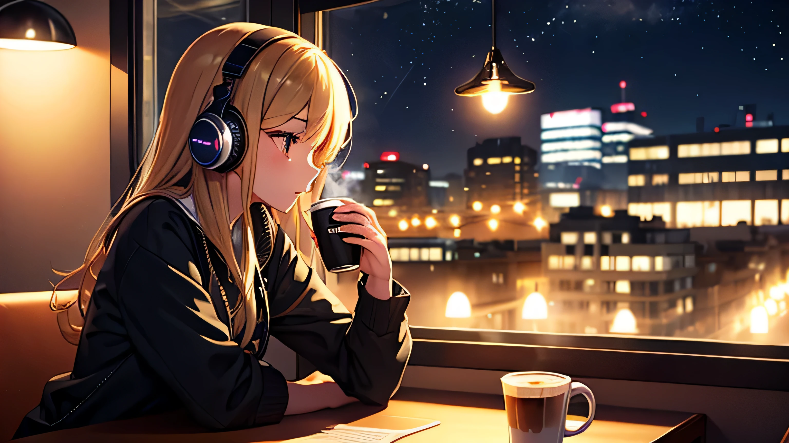 Beautiful girl wearing headphones relaxing in a cafe at night Hot coffee on the table Night view outside the window