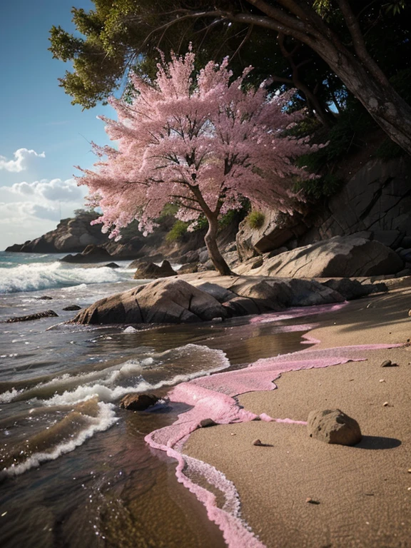 an amazing pink tree on a rock on the beach, in the style of realistic light rendering., paso, arte inspirado en la fe, espacios abandonados, escenas llenas de luz, entornos inmersivos, motivos de flores y naturaleza