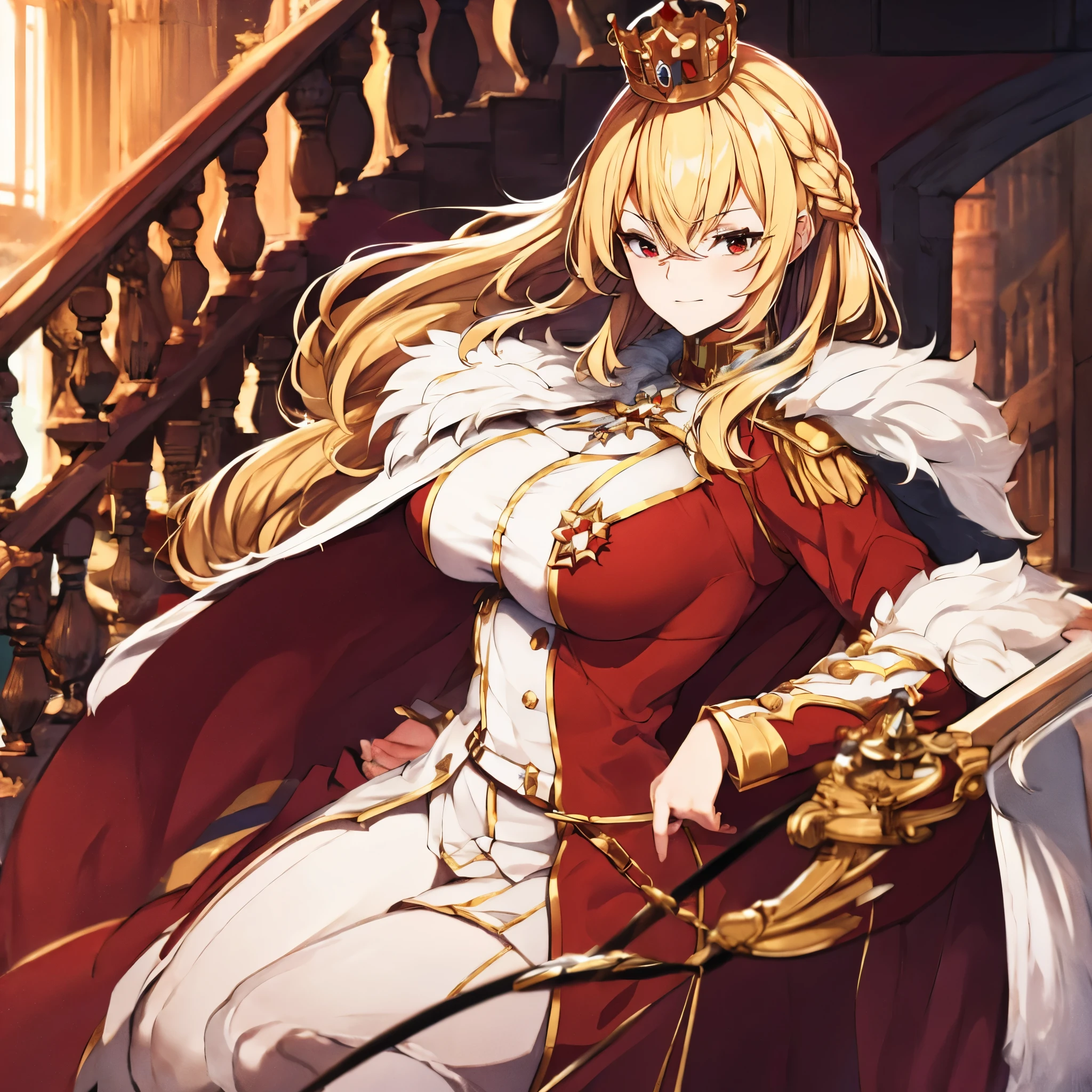 A woman wearing red military clothing with gold details, a large white fur cape, wearing a well-detailed golden crown on her head on the staircase of a large medieval castle, blonde hair, red eyes, large chest,HDR, ultra resolution, well defined, masterpiece, 8K HD. (solo woman)