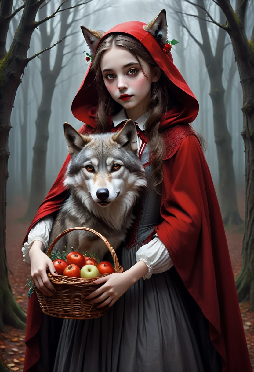 A dark baroque painting of a girl wearing a crimson cloak hugging a wolf, evil Little Red Riding Hood. Highlighting the characteristics of Little Red Riding Hood: Long brown hair, which can be straight or curled, bright eyes and a smiling expression. A small red top hat or a small flower as a tiara, White shirt or dress It is possible to carry a basket, with food or other items, A scene in a forest or rural environment with wolves, (( in the background a gray wolf)), (( Tim Burton style, dark makeup, gothic beauty.))