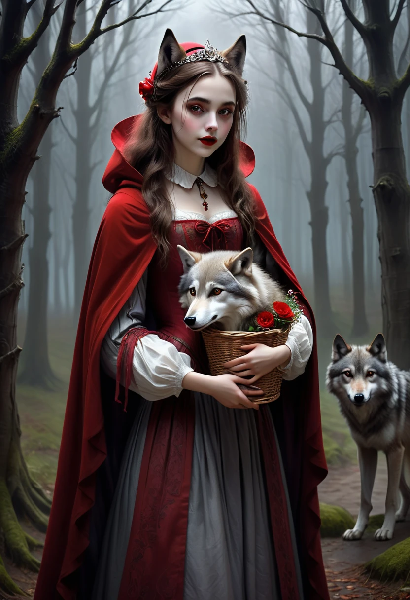 A dark baroque painting of a girl wearing a crimson cloak hugging a wolf, evil Little Red Riding Hood. Highlighting the characteristics of Little Red Riding Hood: Long brown hair, which can be straight or curled, bright eyes and a smiling expression. A small red top hat or a small flower as a tiara, White shirt or dress It is possible to carry a basket, with food or other items, A scene in a forest or rural environment with wolves, (( in the background a gray wolf)), (( Tim Burton style, dark makeup, gothic beauty.))