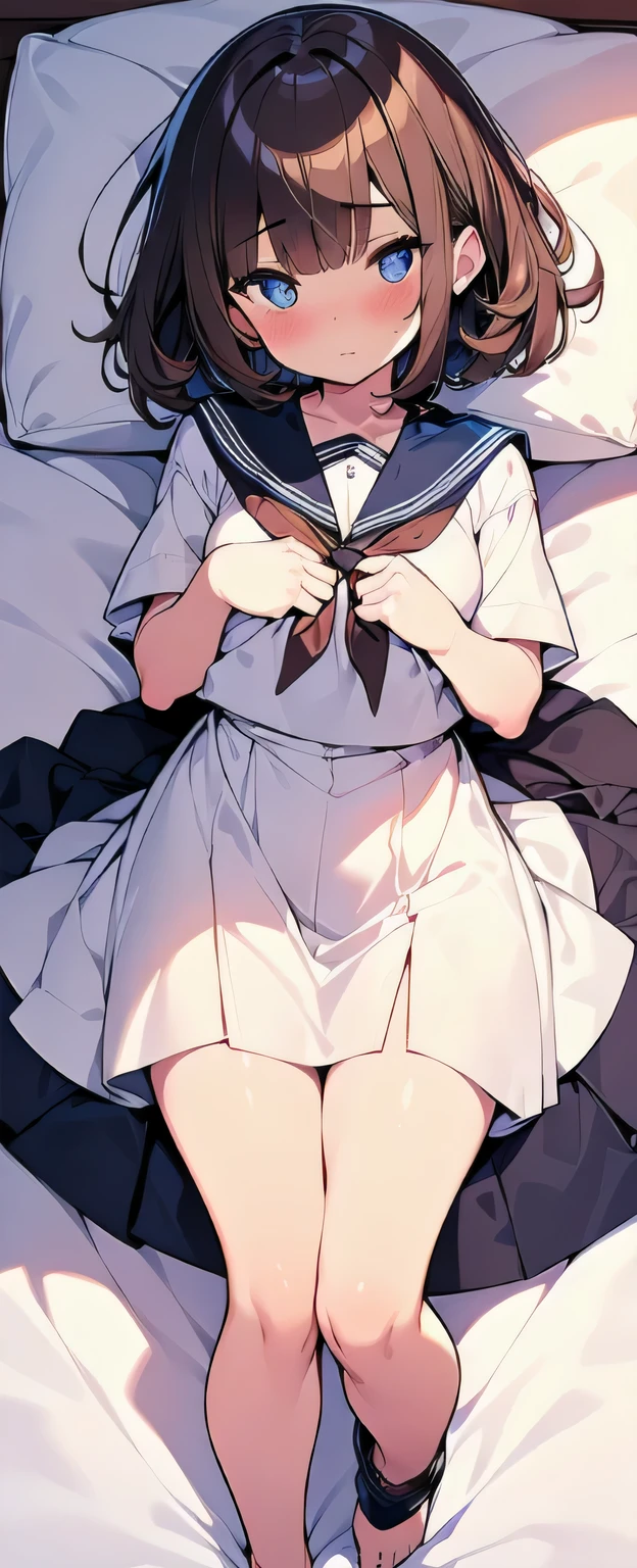 (best quality), (Super detailed), (Best Illustration), (1girl), full body, look at viewer, (white serafuku), (lying on bed:1.2), blush, {brown hair, (bob cut:1.2), curly hair, hairs between eyes}, {(detailed eyes), twinkle(in the eyes), blue eyes},