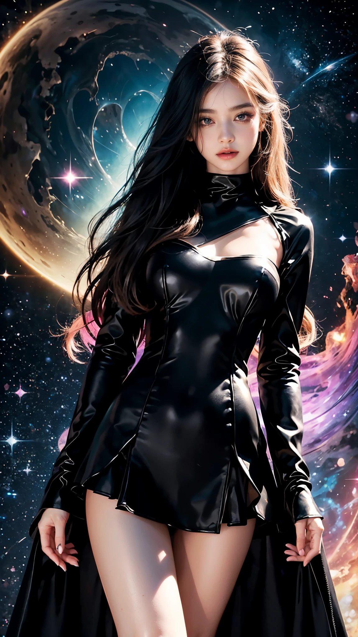 4K Ultra HD, Masterpiece, A girl with a magical aura, (good face:1.2), very Long hair, Detailed eyes, Glossy lips, ****ta costume, (black costume:1.5), The aura around the body, Magical effect, Spread white light, Cosmic elements and ethereal atmosphere, A mix of bright lights and colorful nebulae, universe background, Perfect body,