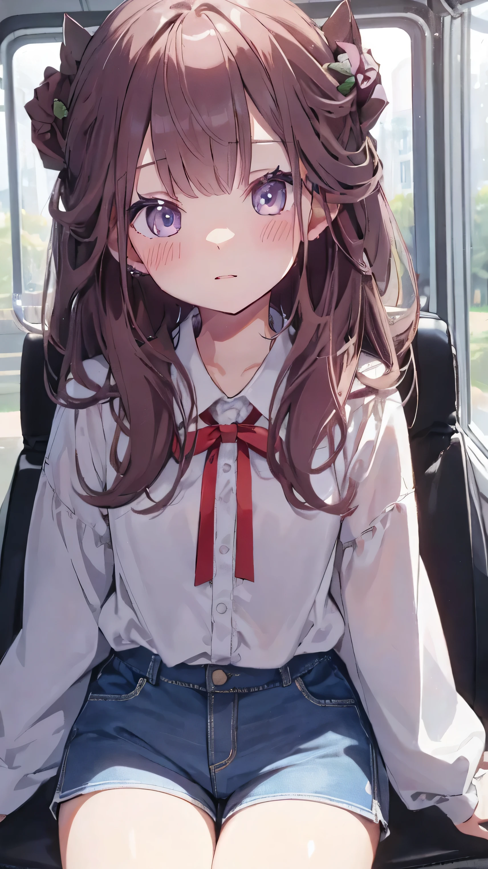 master piece、Highest image quality、highest quality、 ((panic))、glossy hair quality、small face、sitting、Super detailed and beautiful bright eyes、Super detailed clear and beautiful face、(cute illustration:1.2), High-resolution, ultra-detailed, best quality, embarrassed、(Gaps in shorts)、(cute underwear)