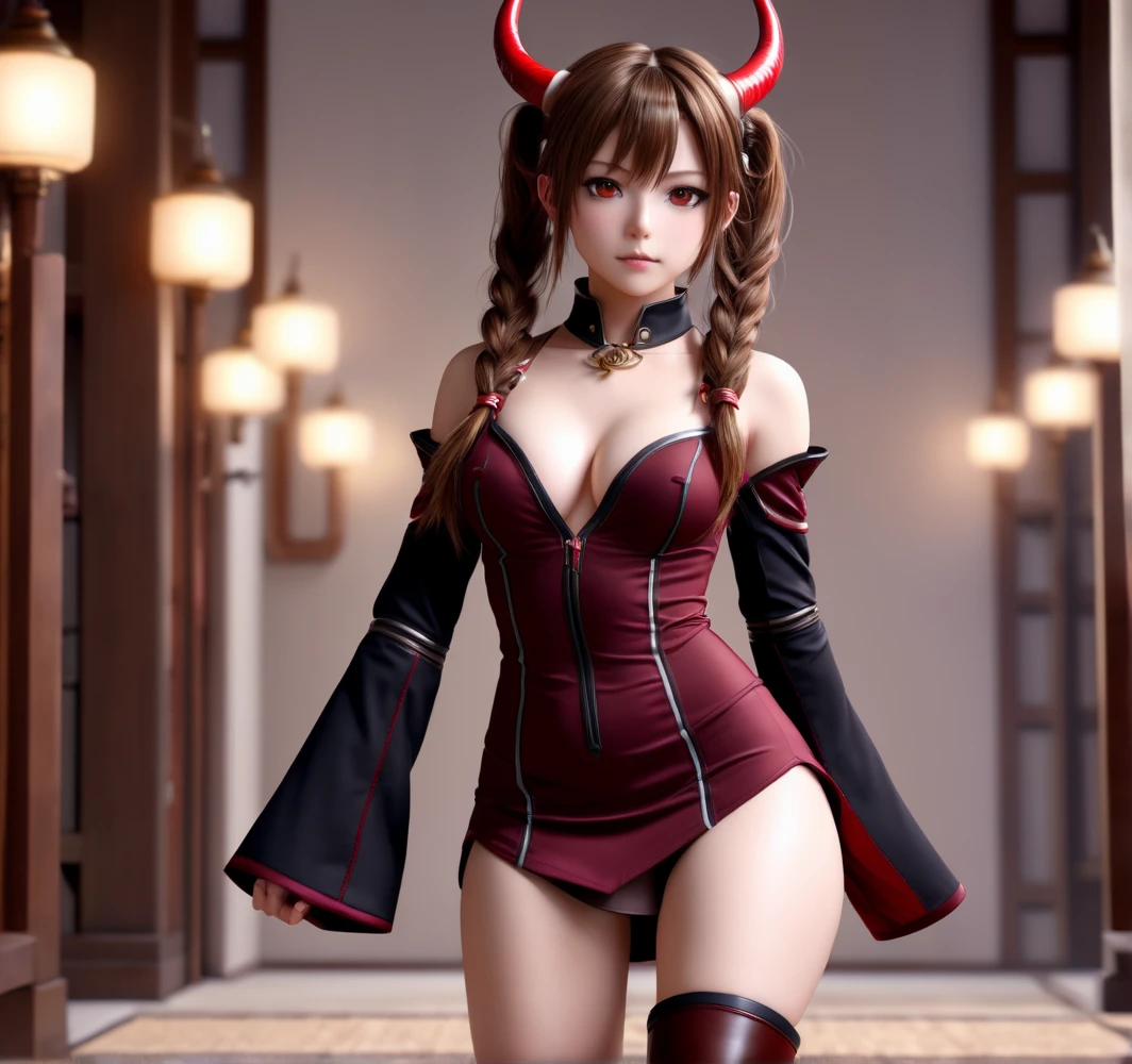 (hyper extreme detailed),(masterpeace),(hyper extreme),(photorealistic),CG,(colour:1.2), beautiful lighting,light from the front,rating:safe,solo, haruna,four horns,brown_hair,twintails,long_hair,red eyes,hair_ornament,zettai_ryouiki,thigh_boots,short_dress,wide_sleeves,black pants,