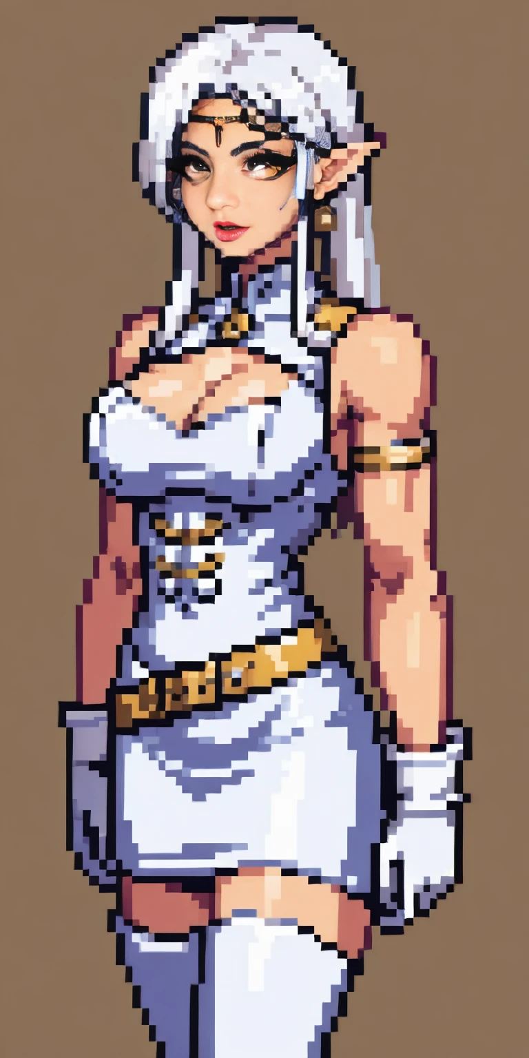 Pirotess,, (yellow eyes), white hair, silver hair, very long hair, straight hair, solo, adult woman, tall, slightly muscular, large breasted, cleavage, constricted waist, Toned body, slight abs, thin dark skin, pointy ears, lipstick, makeup, black eyeshadow,, circlet, white short dress, jewelry, bracelet, white gloves, thigh boots