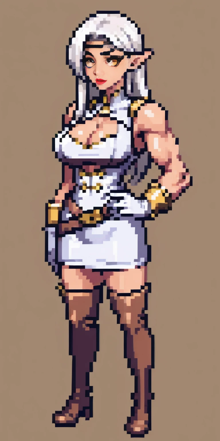 Pirotess,, (yellow eyes), white hair, silver hair, very long hair, straight hair, solo, adult woman, tall, slightly muscular, large breasted, cleavage, constricted waist, Toned body, slight abs, thin dark skin, pointy ears, lipstick, makeup, black eyeshadow,, circlet, white short dress, jewelry, bracelet, white gloves, thigh boots