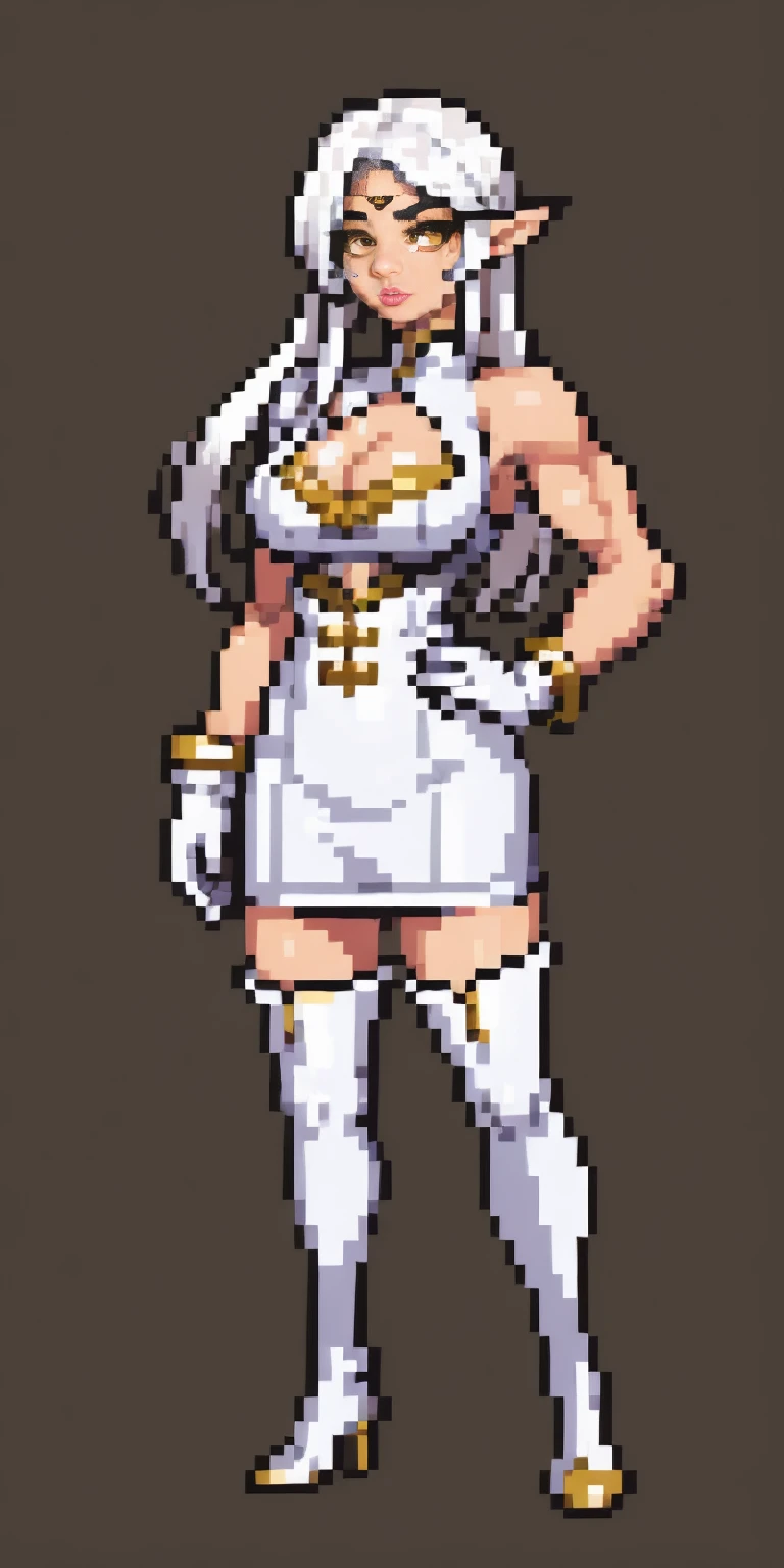 Pirotess,, (yellow eyes), white hair, silver hair, very long hair, straight hair, solo, adult woman, tall, slightly muscular, large breasted, cleavage, constricted waist, Toned body, slight abs, thin dark skin, pointy ears, lipstick, makeup, black eyeshadow,, circlet, white short dress, jewelry, bracelet, white gloves, thigh boots