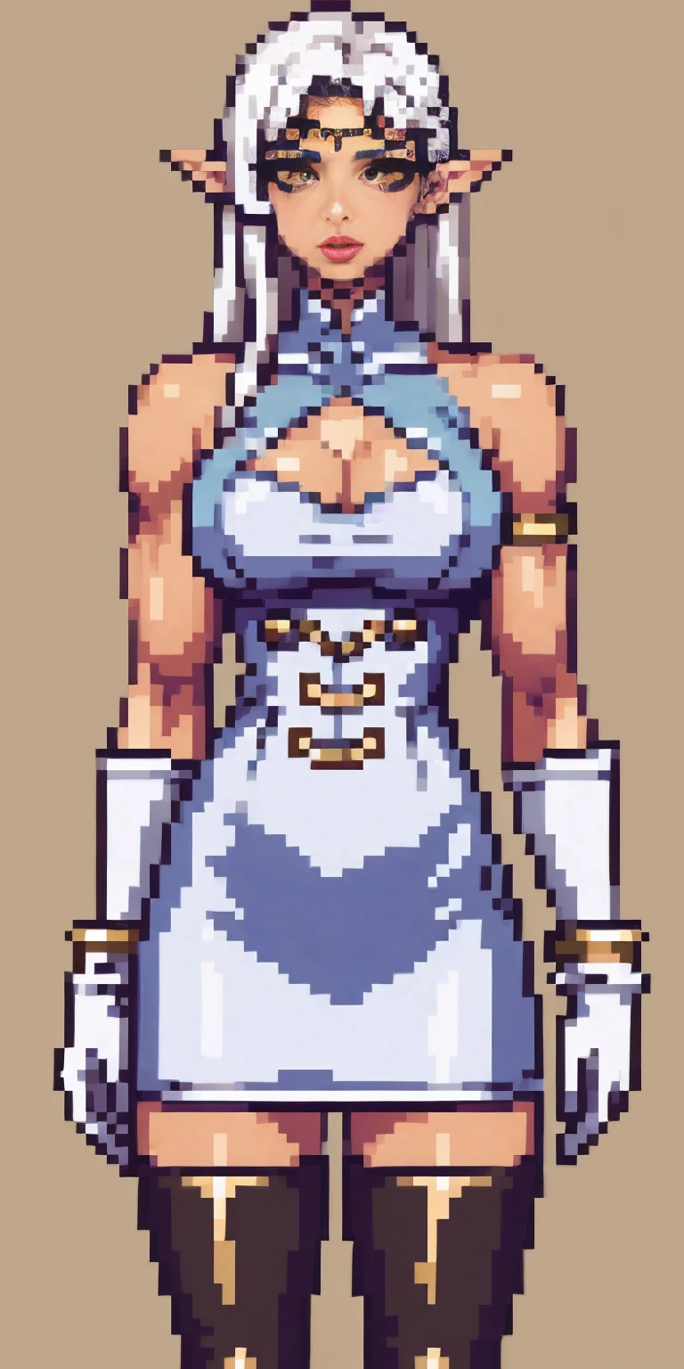 Pirotess,, (yellow eyes), white hair, silver hair, very long hair, straight hair, solo, adult woman, tall, slightly muscular, large breasted, cleavage, constricted waist, Toned body, slight abs, thin dark skin, pointy ears, lipstick, makeup, black eyeshadow,, circlet, white short dress, jewelry, bracelet, white gloves, thigh boots