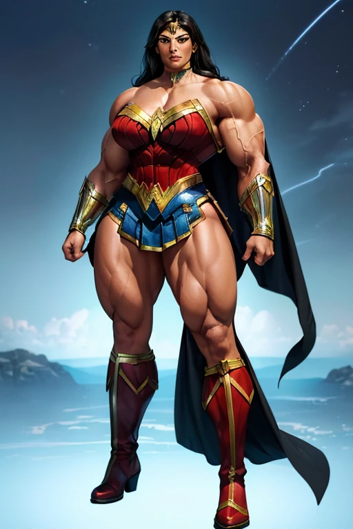 ((((Massive, tall, beautiful, buff, brown skinned muscular woman with black hair, ginormous bulky muscles and wearing an all black Wonder Woman suit with pleated skirt and a cape)))), close view, ((massive muscle)), massive biceps, hyper muscle shoulders, massive muscle arms, vascular shoulders, hyper muscle triceps, (straight long hair), orange eyes, superhero gauntlets, choker, ((in the mount Olympus)), superhero boots, confidant smile, night, hyper vascular arms, hyper muscles arms, hyper muscle legs, (ginormous arms), 