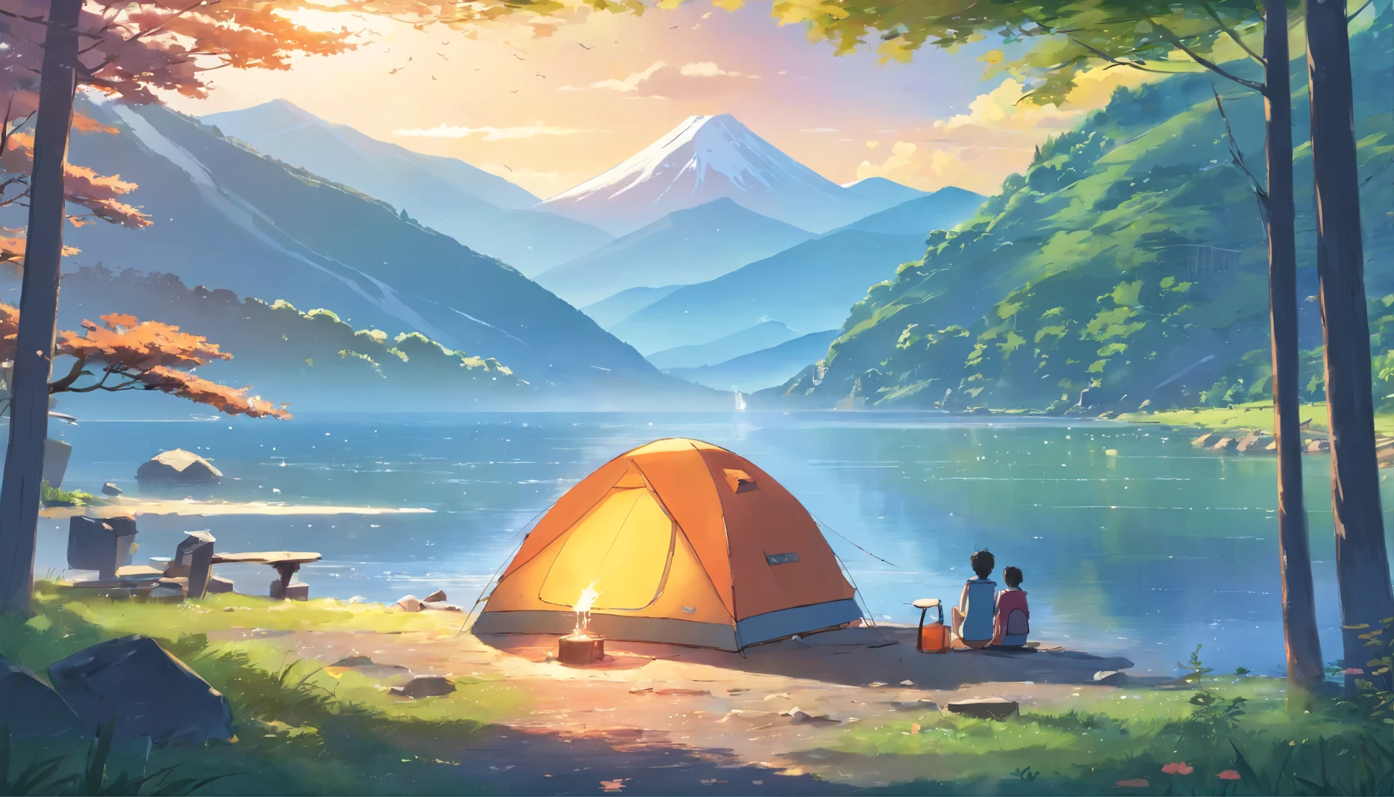 (Masterpiece, highest quality), fine detail, 8K, art station, wallpaper, official art, splash art, sharp fixed focus, medium shot. Author: Makoto Shinkai, scene from a Makoto Shinkai movie, view of Makoto Shinkai, 50s, couple, camping at Lake Motosu with view of Mt. Fuji, camping by the lake, tent