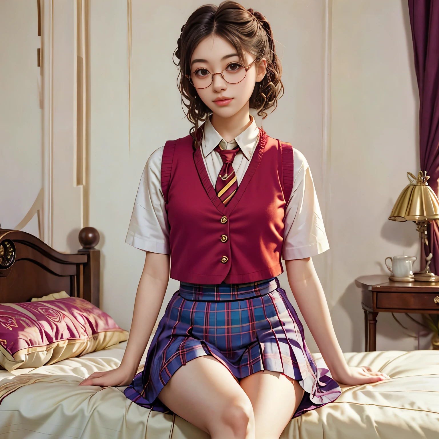 arafed woman sitting on a bed wearing a red vest and tie, a picture inspired by Hermione Hammond, instagram, renaissance, with square glasses, seifuku, she wears harry potter glasses, vintage aesthetic, kiko mizuhara, preppy style, magical school student uniform, inspired in balthus, harry potter style, 🌺 cgsociety, finn wolfhard