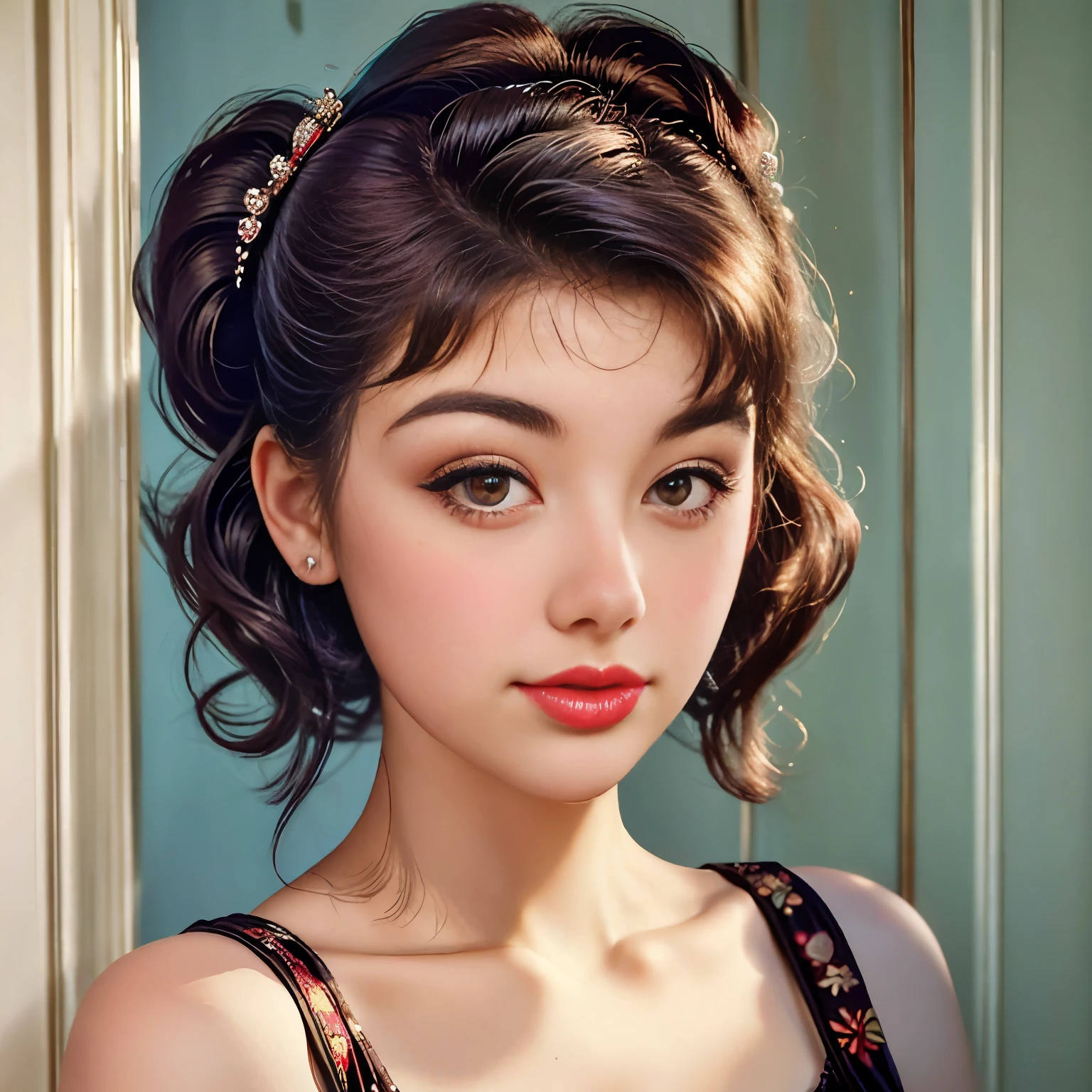 a close up of a woman with a dress and a red lipstick, a colorized photo by Dennis Ashbaugh, pinterest, pop art, 50s style, 5 0 s style, retro 5 0 s style, up face with 1 9 2 0 s hairstyle, rockabilly hair, 1950s vibes, pinup style, pin up, like rolf armstrong style