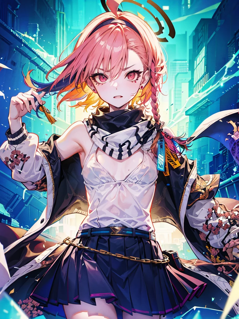 Female characters in League of Legends, Hyper League of Legendary Art Styles, empty magic student, (( ahoge hair, earring, under chest, obscure, short skirt, belt, armband, scarf, sukajan )), ((colorful halo, colorful orange, makeup pattern, perfect shape, )), (Evil Aura, เอฟเฟกต์Fury, ammunition), (Masterpiece, fantasy world, high resolution, movie light, extra sharp), library background, colorful, bare shoulders, pink lips, close up, Graffiti Wall, ( Role-playing game , Another World Fantasy )