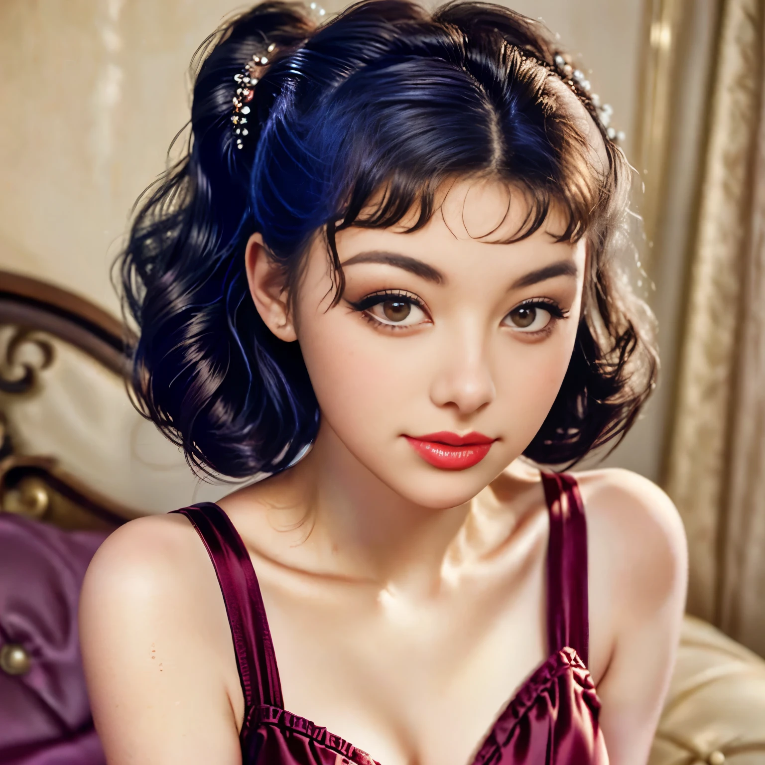 a close up of a woman with a dress and a red lipstick, 50s style, 5 0 s style, retro 5 0 s style, up face with 1 9 2 0 s hairstyle, rockabilly hair, 1950s vibes, pinup style, pin up, like rolf armstrong style, 1 9 5 0 s style, pin up girl, vintage makeup