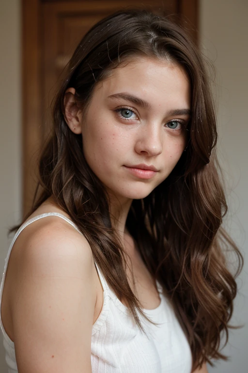 Chubby teenage girl, her height is tall, her skin tone is slightly tanned, with long hair, very curly hair, light brown hair, cross-eyed eyes, blue eyes, and acne on her face.