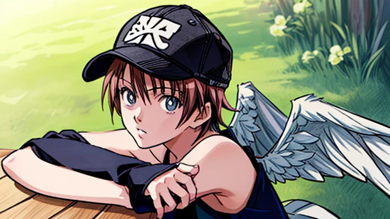 A lone angel with (wings on each shoulder:1.5) wearing a baseball cap floats in the sky. There is a woman with a (black baseball cap:1.5) and wings on her head., of an beautiful angel girl, angel girl, Wings only on both shoulders. Realistic anime 3d style, Gwaites style artwork, beautiful angel, Girl with angel wings, beautiful digital artwork, of beautiful angel, beautiful angel girl portrait, beautiful anime girl, anime style 4k, realistic 3d animation, (highest quality,4k,8K,High resolution,table top:1.2), Super detailed, (realistic,photorealistic,photo-realistic:1.37), Girl on the grass, embarrassing,pink long skirt dress, ,white socks,black short boots,detailed and beautiful eyes, beautiful detailed lips, highly detailed eyes and face, long eyelashes, realistic anime 3D style, Smooth anime CG art, Digital rendering by Makoto Shinkai, Moe anime art style, photorealistic rendering of an anime girl, Shinkai Makoto style, Cute anime girl visuals, realistic young anime girl, girl fan art, Created by Anime Artist&#39;studio of.