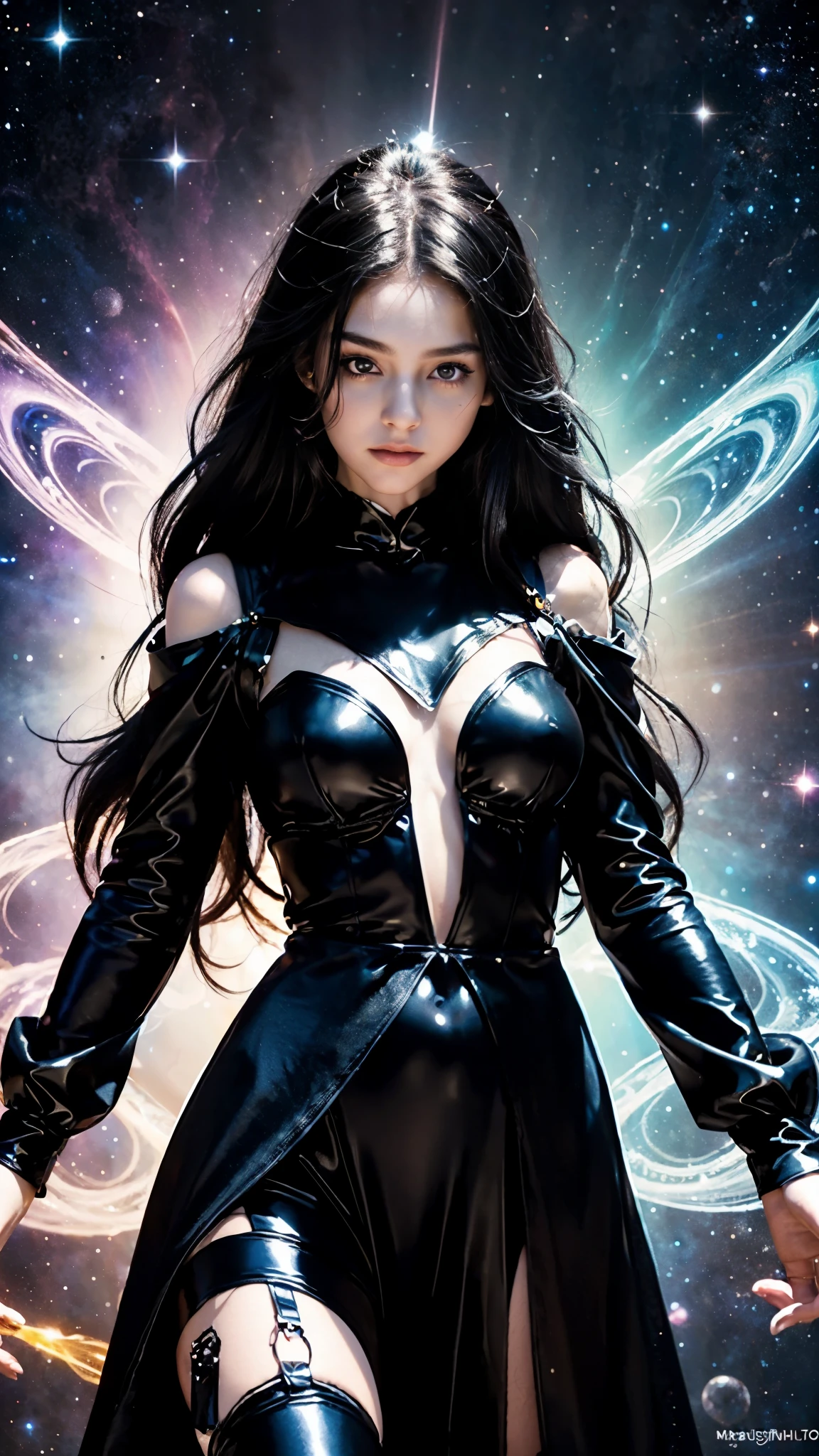 4K Ultra HD, Masterpiece, A girl with a magical aura, (good face:1.2), very Long hair, Detailed eyes, Glossy lips, ta costume, (black costume:1.5), The aura around the body, Magical effect, Spread white light, Cosmic elements and ethereal atmosphere, A mix of bright lights and colorful nebulae, universe background, Perfect body,