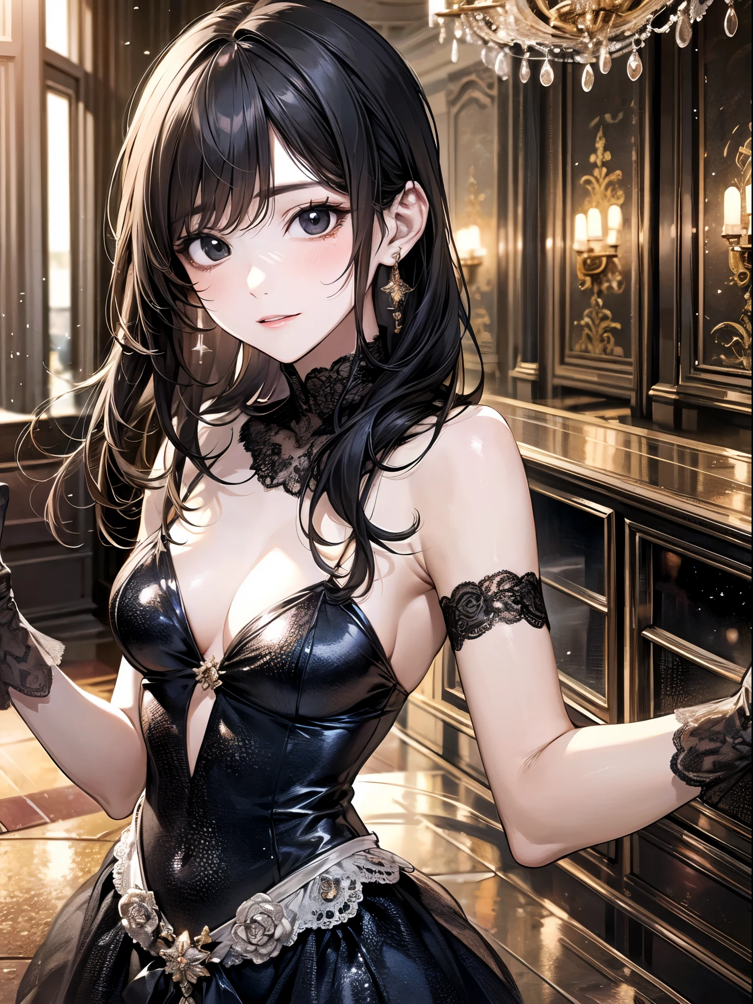 (best quality:1.2), (beautiful detailed:1.2), (Solo), (Detailed eyes and skin), (detailed facial features), nffsw, Perfect Style, Beautiful face, Anatomically correct, Highly detailed face and skin texture, (Black eyes:1.5), Glossy skin, Sunlight, Ayana_taniguchi, (cowboy shot:1.3), BREAK Girl wearing a sequin evening dress at a soiree in a luxurious hall, cute, , above, standing, floor, cleavage, prism, Modern and sophisticated atmosphere, lively, absurd resolution, best quality, absurd detailed, ultra detailed background,