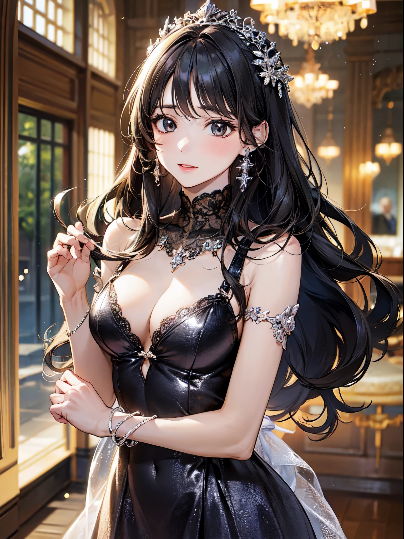 (best quality:1.2), (beautiful detailed:1.2), (Solo), (Detailed eyes and skin), (detailed facial features), nffsw, Perfect Style, Beautiful face, Anatomically correct, Highly detailed face and skin texture, (Black eyes:1.5), Glossy skin, Sunlight, Ayana_taniguchi, (cowboy shot:1.3), BREAK Girl wearing a sequin evening dress at a soiree in a luxurious hall, cute, teen, above, standing, floor, cleavage, prism, Modern and sophisticated atmosphere, lively, absurd resolution, best quality, absurd detailed, ultra detailed background,