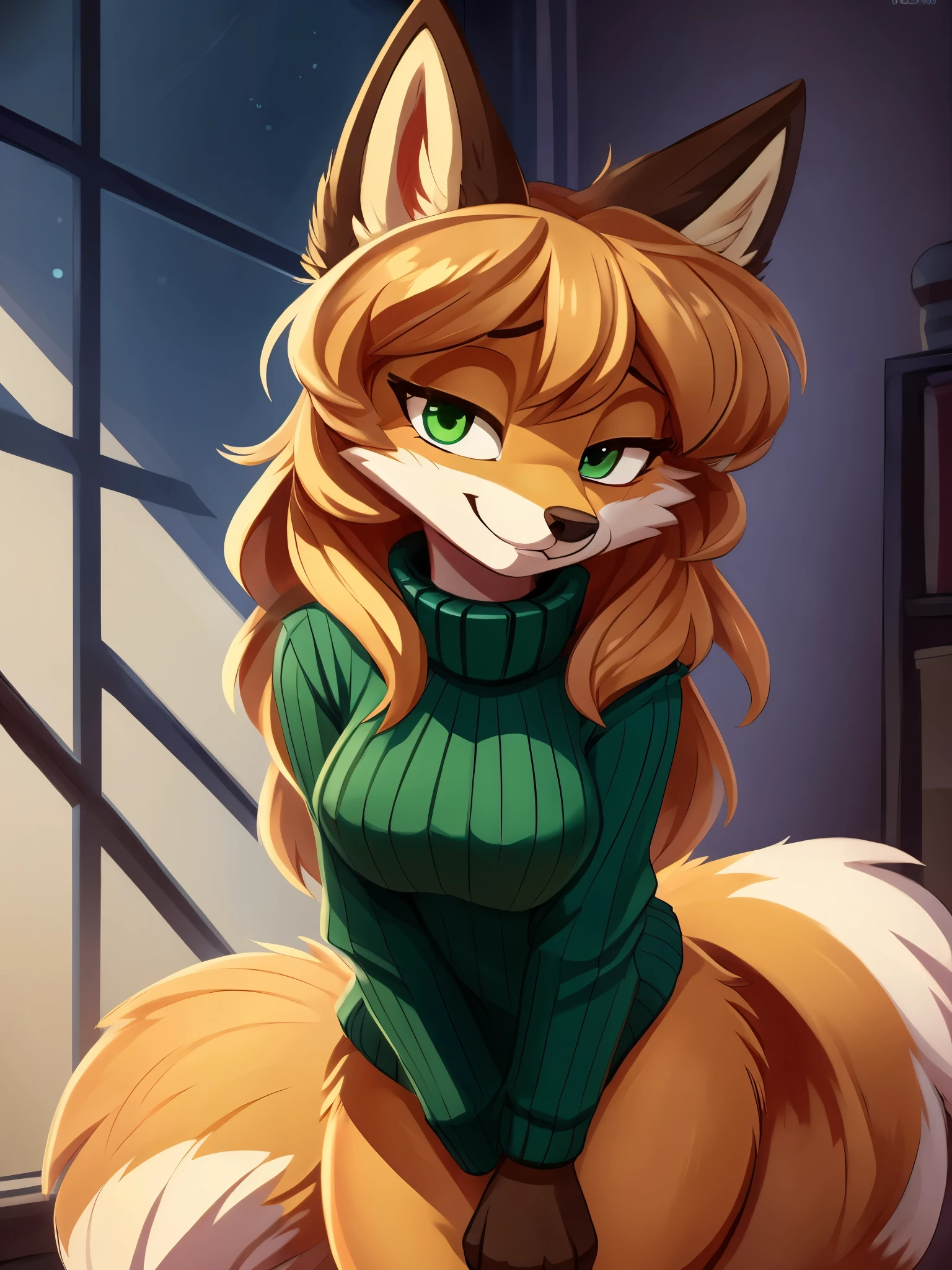 Nervous smiling, uploaded the e621, beautiful and detailed, woman (((female))) ((anthro)) Fox, (Averi, Fox girl), by waspsalad, by phluks, by zero-sum, cinematic lighting, Fox, (anthro, fluffy fur, character focus:1.1), 1girl, anthro fox girl, body fur, curvy, sexy, nice, cute, hot, comfortable anime-style cartoon-style, digital drawing, collar, (half-closed eyes), green eyes, bent over, green sweater