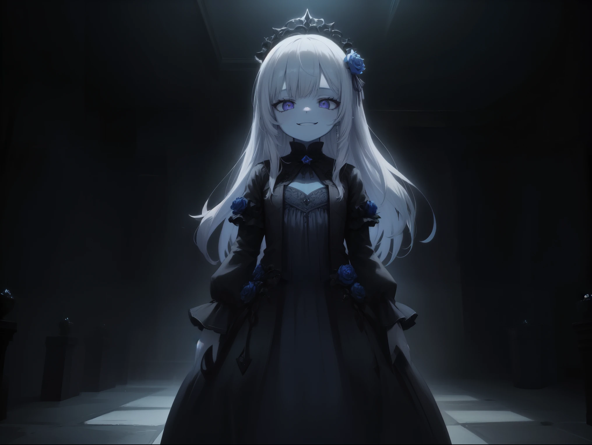 ((solo)), ((loli)), young, ???, solo, long hair, straight hair, white hair, purple eyes, ((blue skin, blue face, blue body)), flat chest, black necromancer gear, blue rose vine crown, ((standing)), ((evil smile)), purple aura, dark dungeon setting, ((dark room)), candles, Very good figure, cinematic lighting, volume lighting, bright tone, warm color, colorful, masterpiece, super detail, high quality, best quality, highres, 16k,