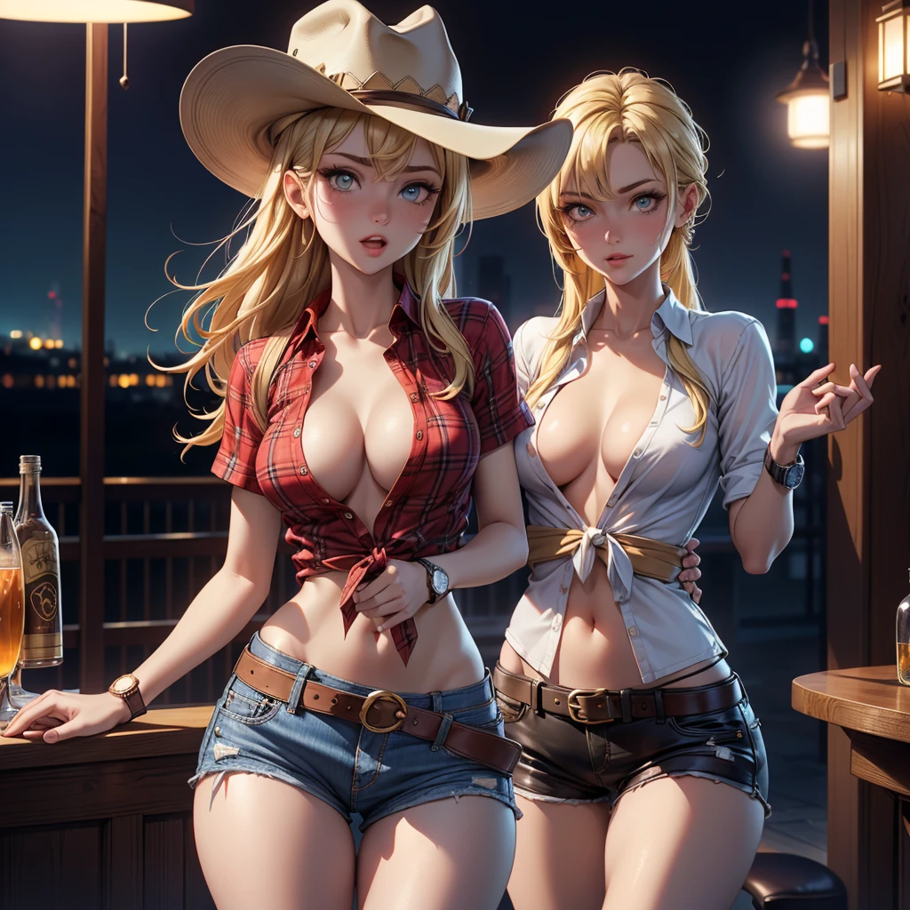 (((cowgirl costume))),(((thin body))),(((smaller breasts))),(((Low waist denim shorts))),(((Wear a western hat))),(((Wearing a leather belt))),(((He is wearing a red short-sleeved plaid tie-front shirt))),(((Wearing a watch))),(((show cleavage))),(((Bare Thin Inner Thighs))),(((naked side boob))),(((bare arms))),(((Her hair is blonde))),, beautiful detailed girl, very detailed目と顔, 緻密でbeautiful eyes, Super detailed, High resolution, highest quality, masterpiece, very detailed, 8k wallpaper, wonderful, finely, highest quality, light shines on your face,,1 girl,(bar at night),beautiful eyes,Being drunk,open your mouth