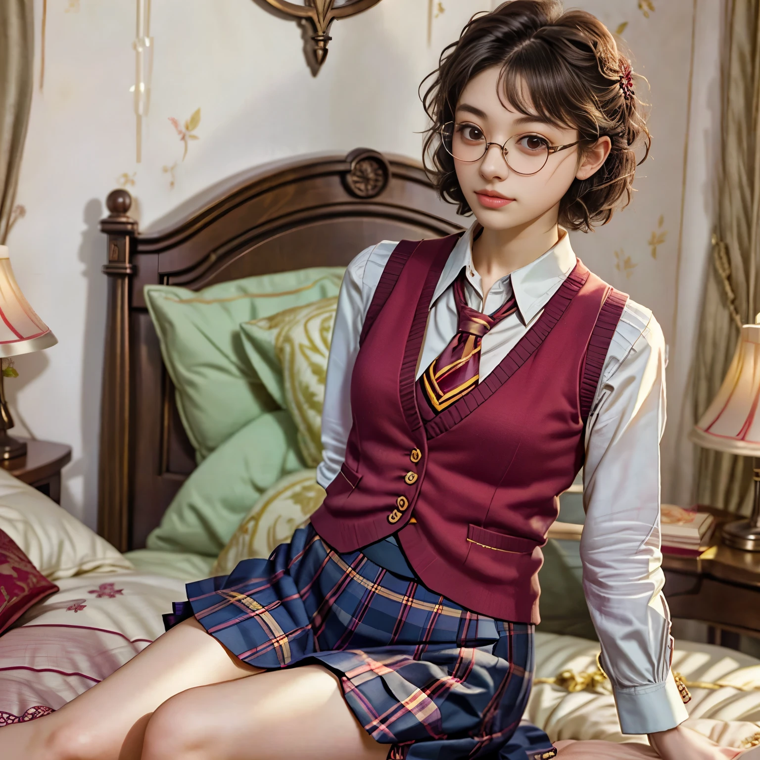 arafed woman sitting on a bed wearing a red vest and tie, with square glasses, seifuku, inspired by Hermione Hammond, she wears harry potter glasses, vintage aesthetic, kiko mizuhara, inspired by Max Gubler, preppy style, inspired in balthus, magical school student uniform, harry potter style, finn wolfhard, 🌺 cgsociety