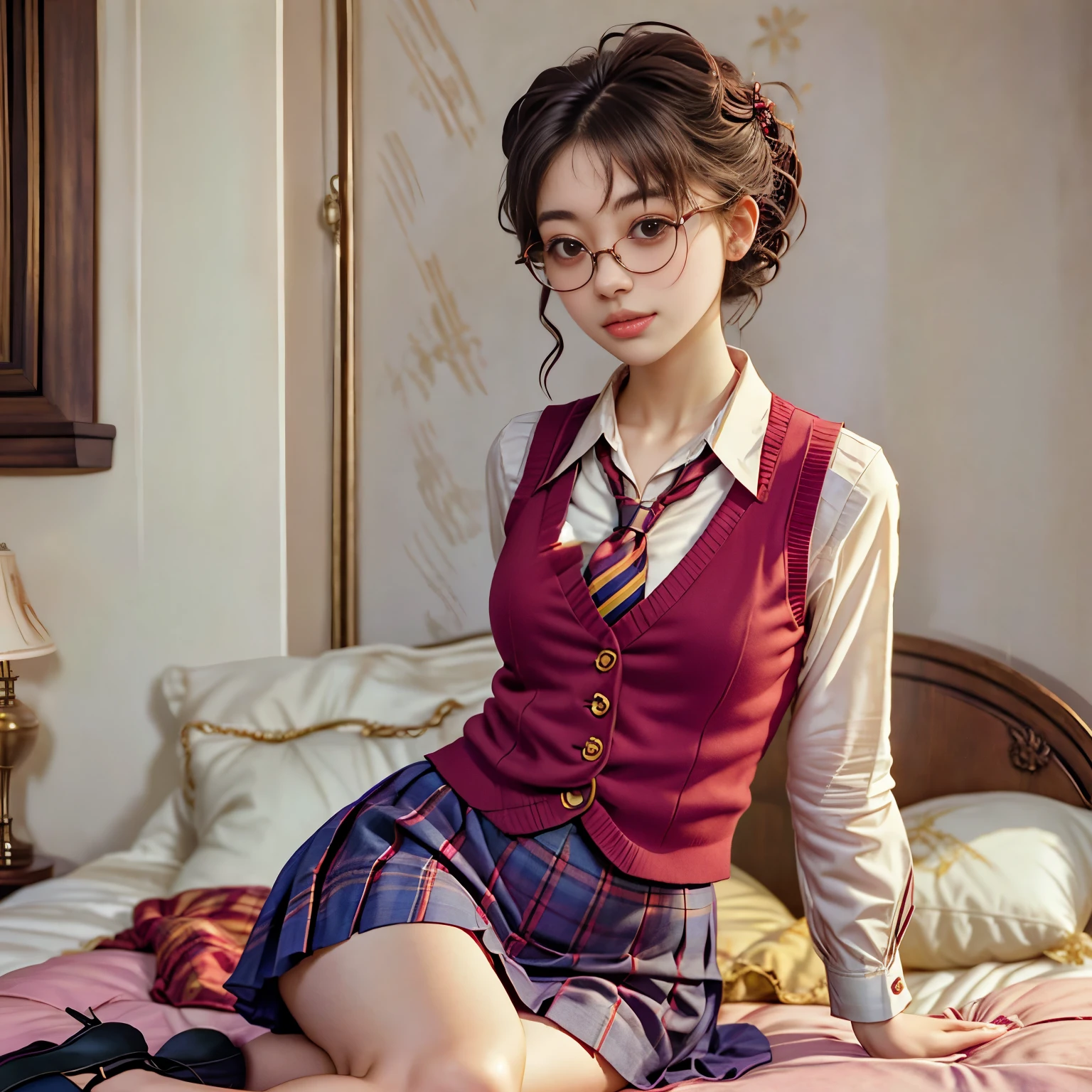 arafed woman sitting on a bed wearing a red vest and tie, with square glasses, seifuku, inspired by Hermione Hammond, she wears harry potter glasses, vintage aesthetic, kiko mizuhara, inspired by Max Gubler, preppy style, inspired in balthus, magical school student uniform, harry potter style, finn wolfhard, 🌺 cgsociety