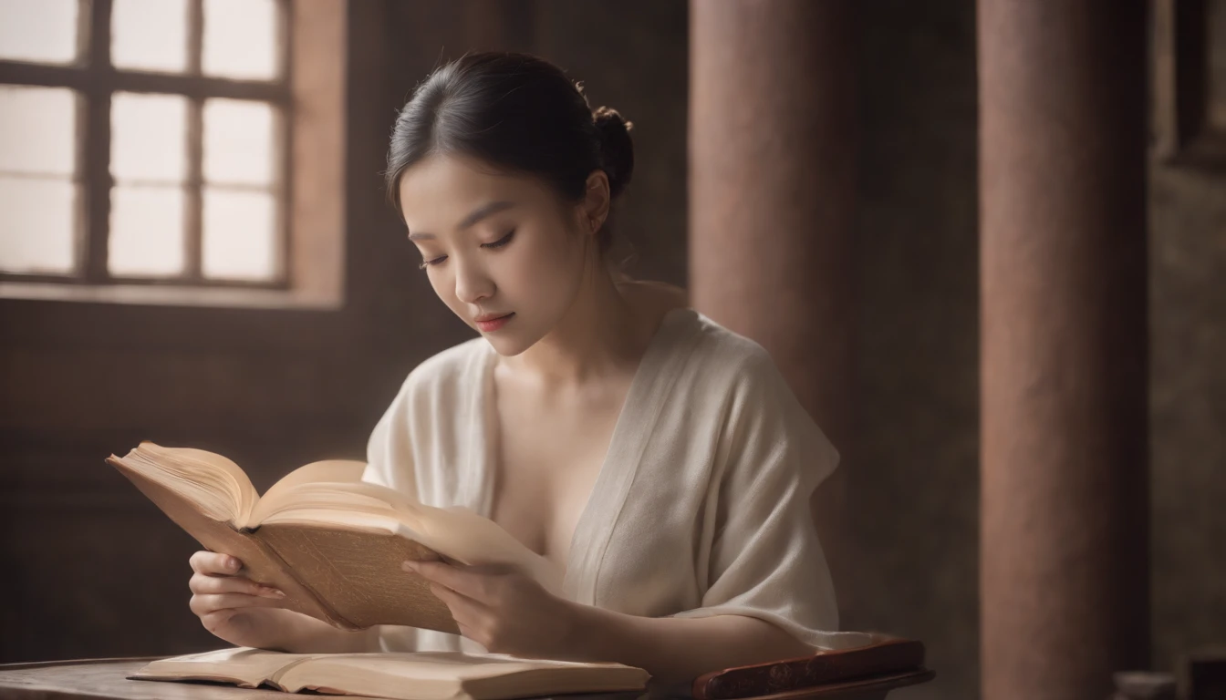 (Best Quality,Ultra-detailed,realisitic:1.37),portrait of a,Chinese women reading tranditional budha scriptures, tranquil expression,wisdom,subtle textures,Contemplative atmosphere,Beautiful picture book,Highlighted features:Eyes in focus, eyes open, serious,,Sunlight shining, Quiet surroundings,serene ambiance, naked, nude, full body posed