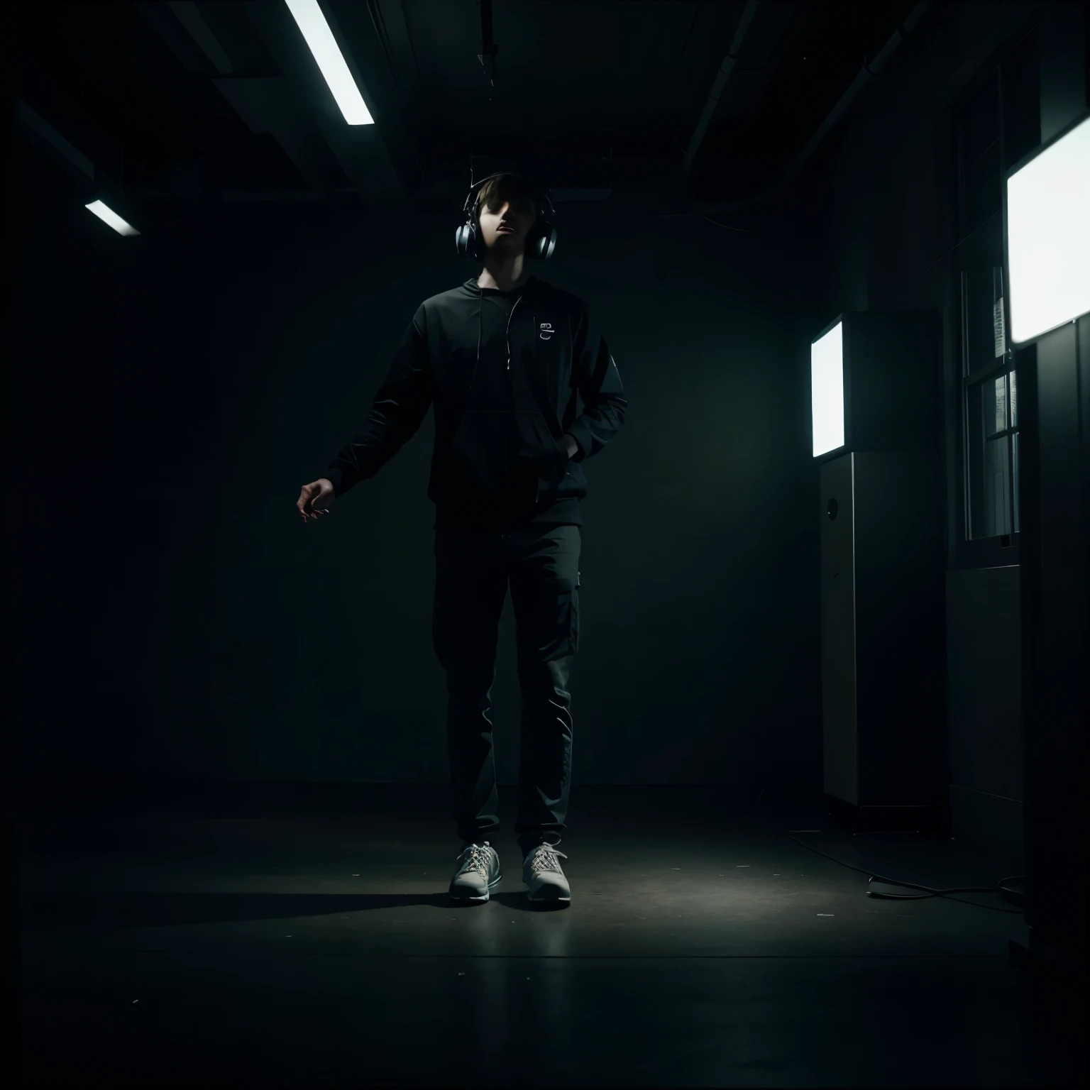 a levitating person listening to music from headphones in a dark environment but is being illuminated by the music