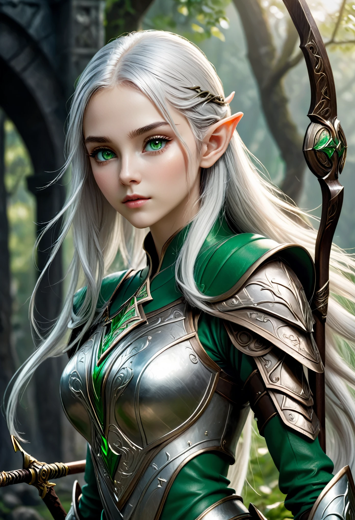 (master piece), 8k, best quality, panoramic view, viewing the left side of the entire body, Elf, young, 17 years old, green eyes, with slightly flushed white skin, subtly contrasting with her long, silver hair. Her body was slender and athletic, with a height of 168cm, conservative silver detailed bronze detailed warrior armor, holding the war bow with rune writing.